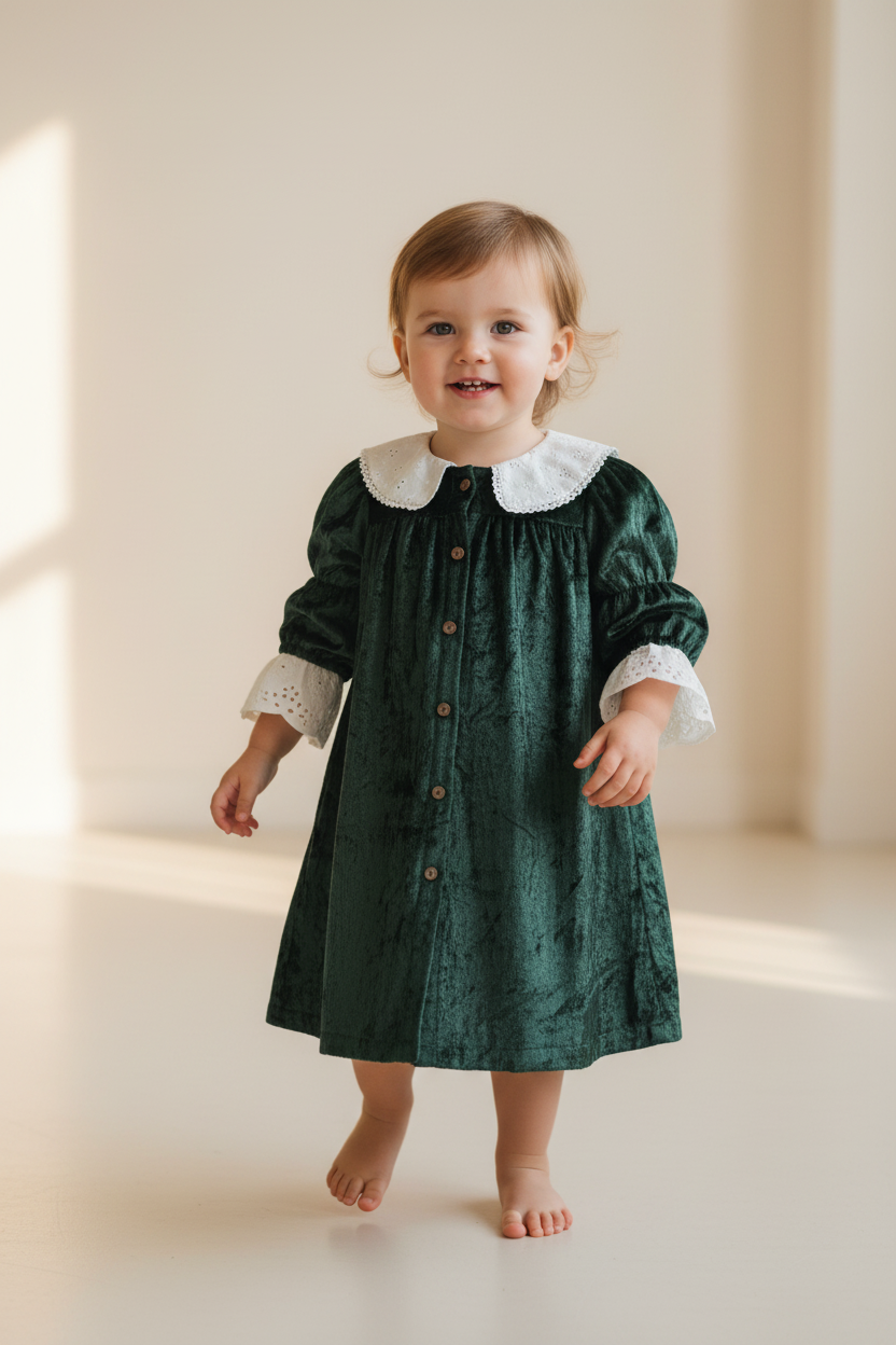 Ava Dress Christmas Green — Cotton Girls Velvet Dress