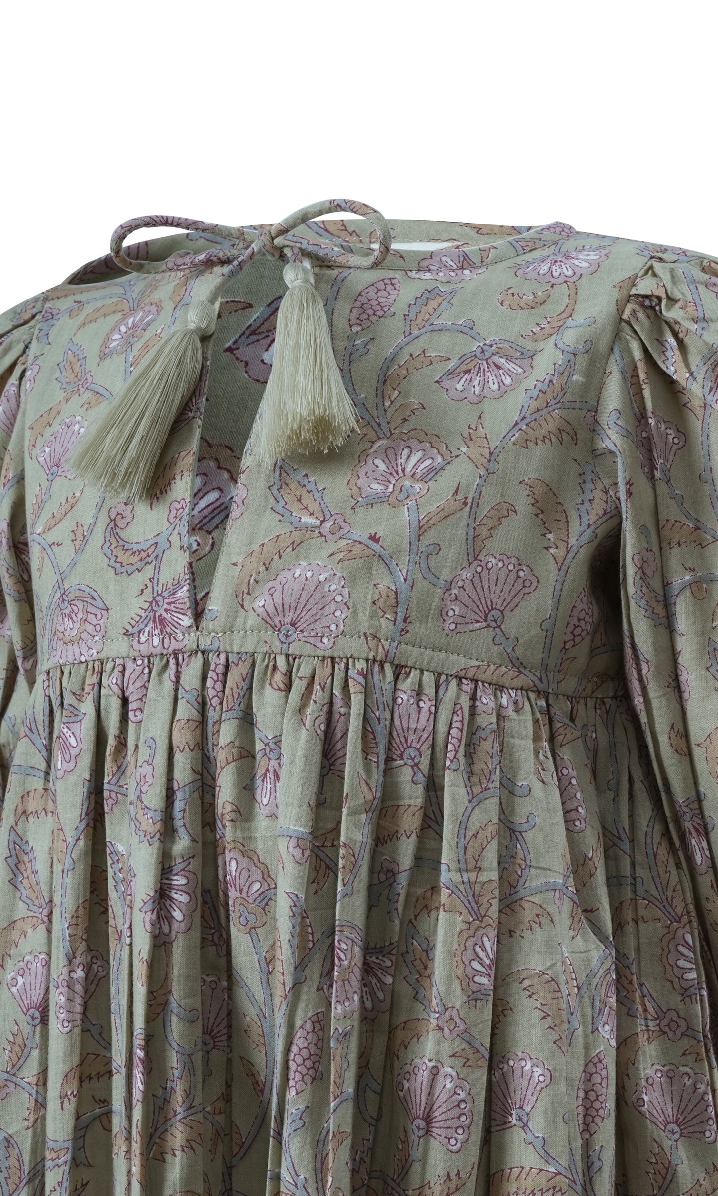 Sage-Green Floral Printed Sleeve Gathered Dress