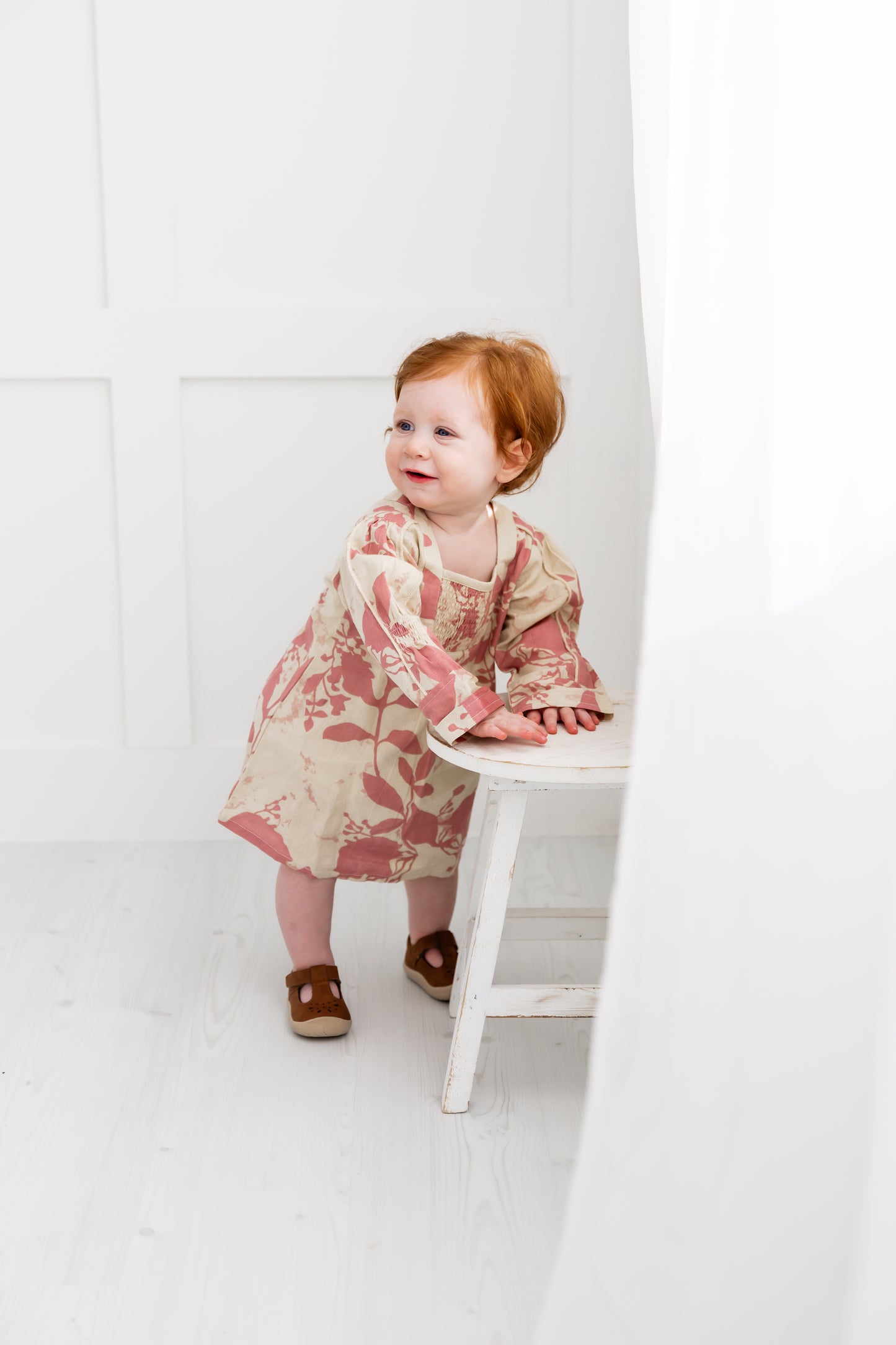 Dark Pink Floral Printed Long Sleeves Gathered Dress