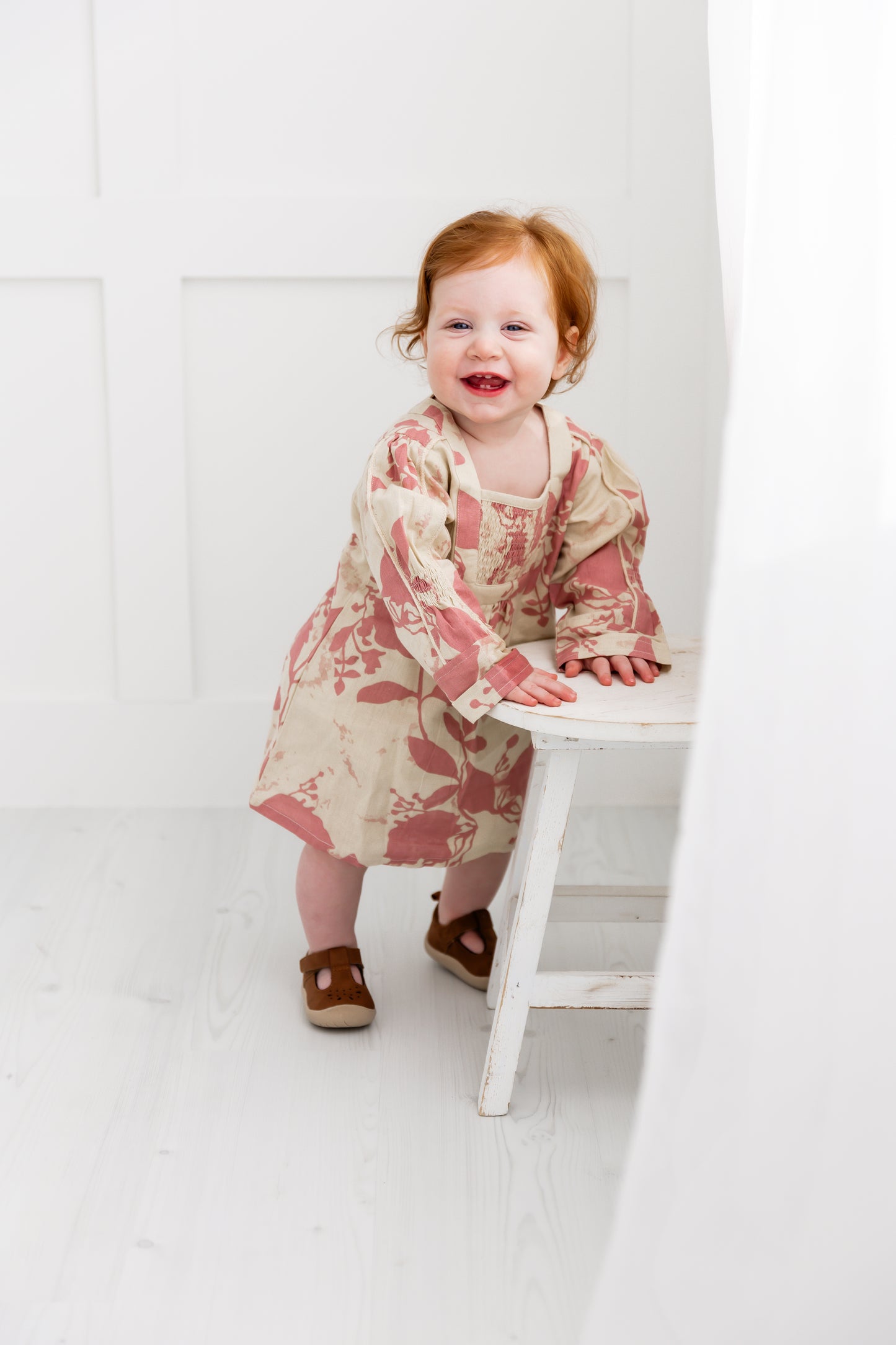 Dark Pink Floral Printed Long Sleeves Gathered Dress