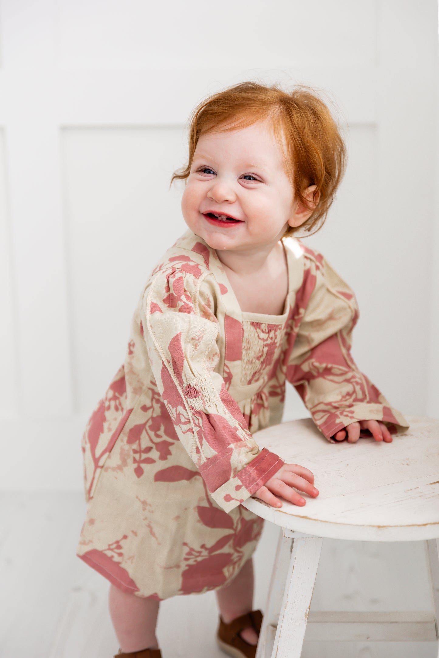 Dark Pink Floral Printed Long Sleeves Gathered Dress