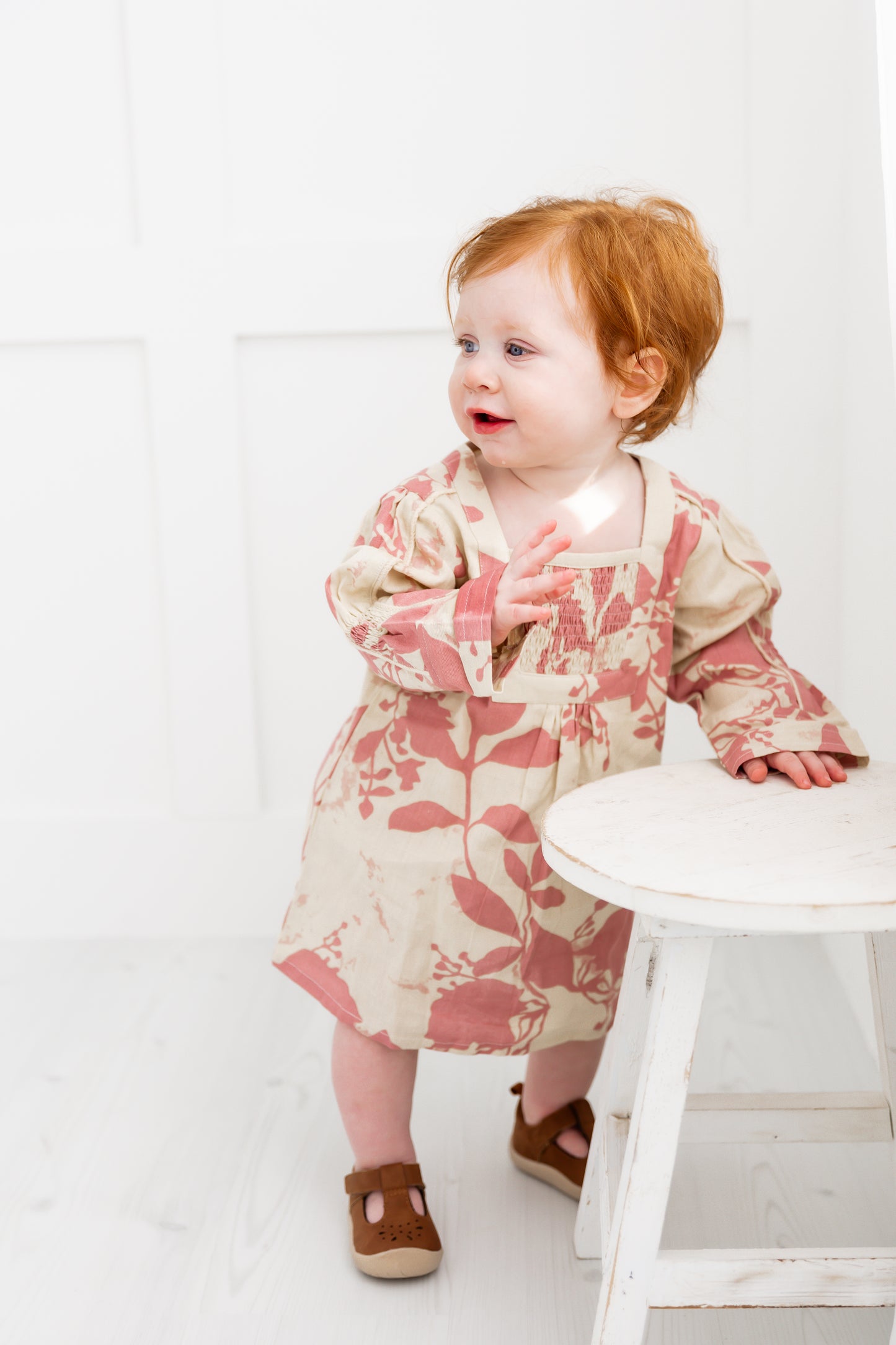 Dark Pink Floral Printed Long Sleeves Gathered Dress