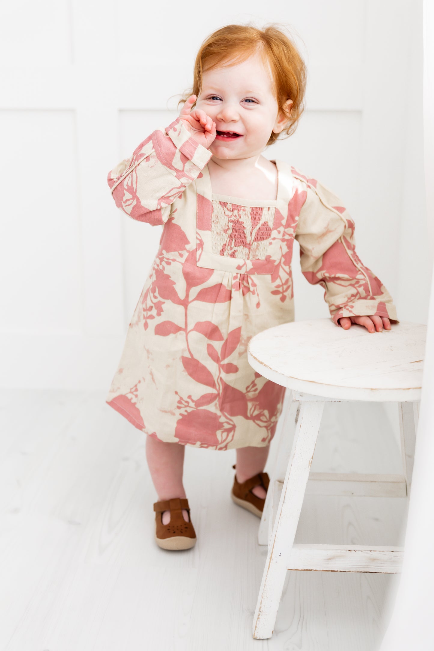 Dark Pink Floral Printed Long Sleeves Gathered Dress
