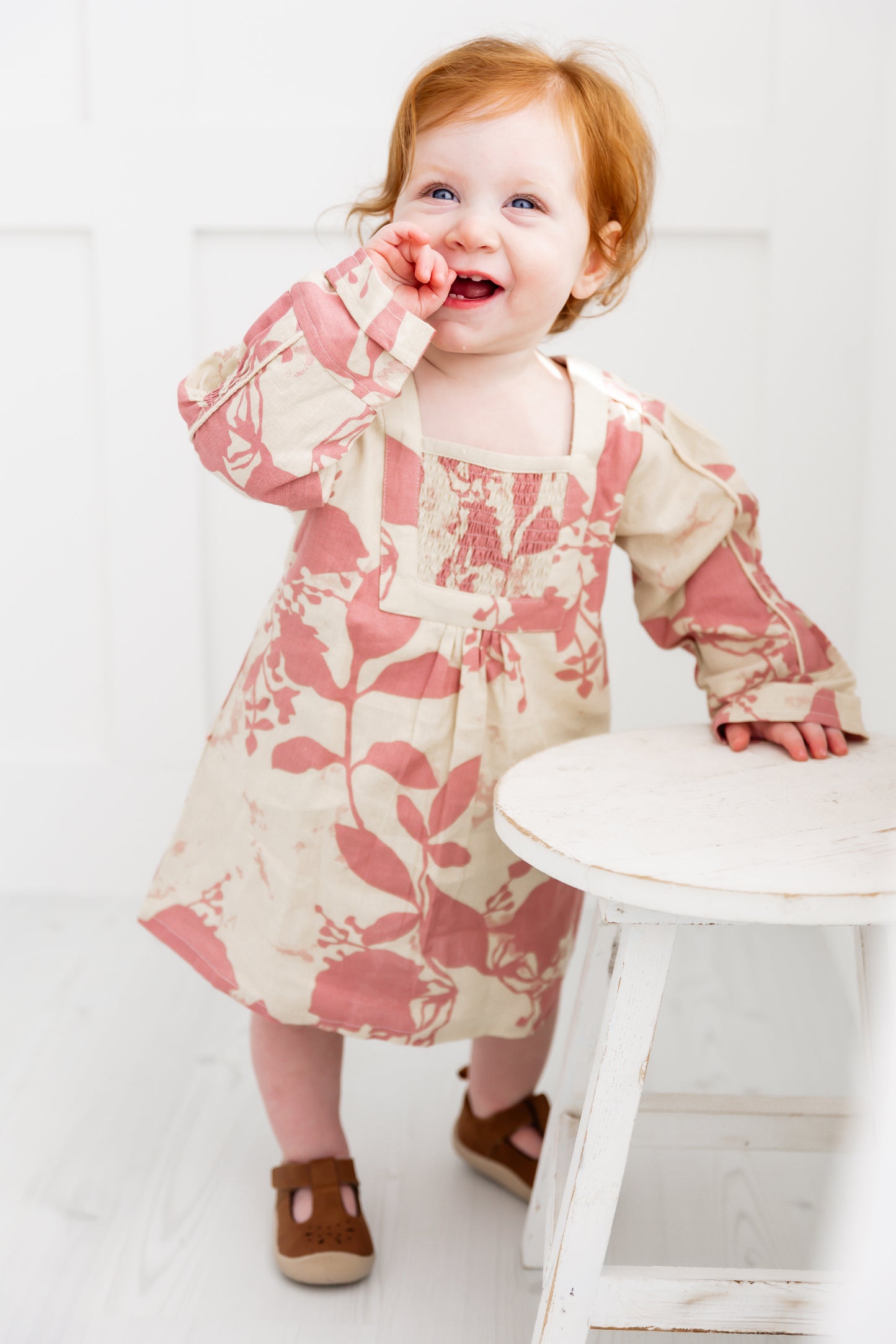 Dark Pink Floral Printed Long Sleeves Gathered Dress