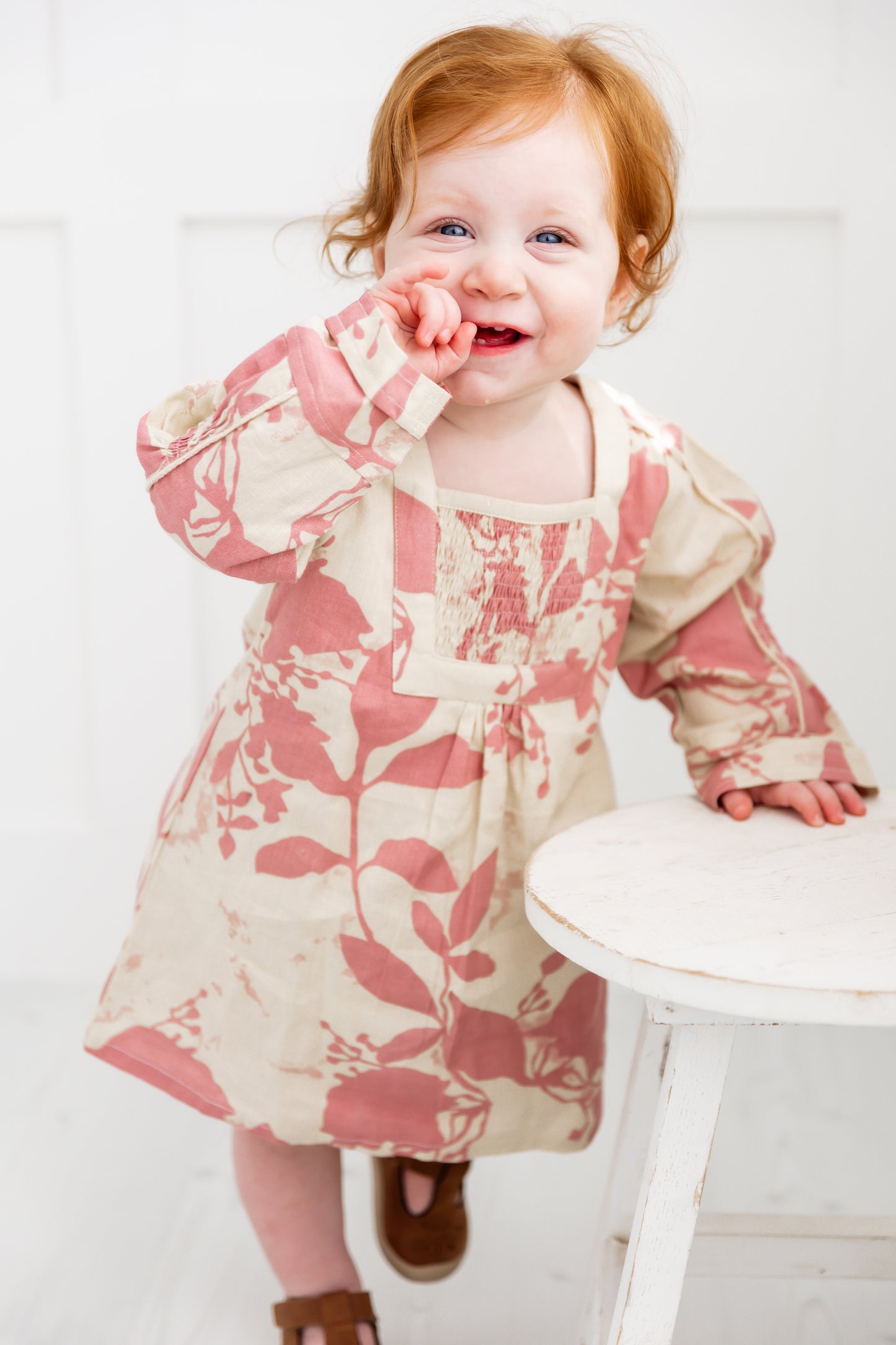 Dark Pink Floral Printed Long Sleeves Gathered Dress
