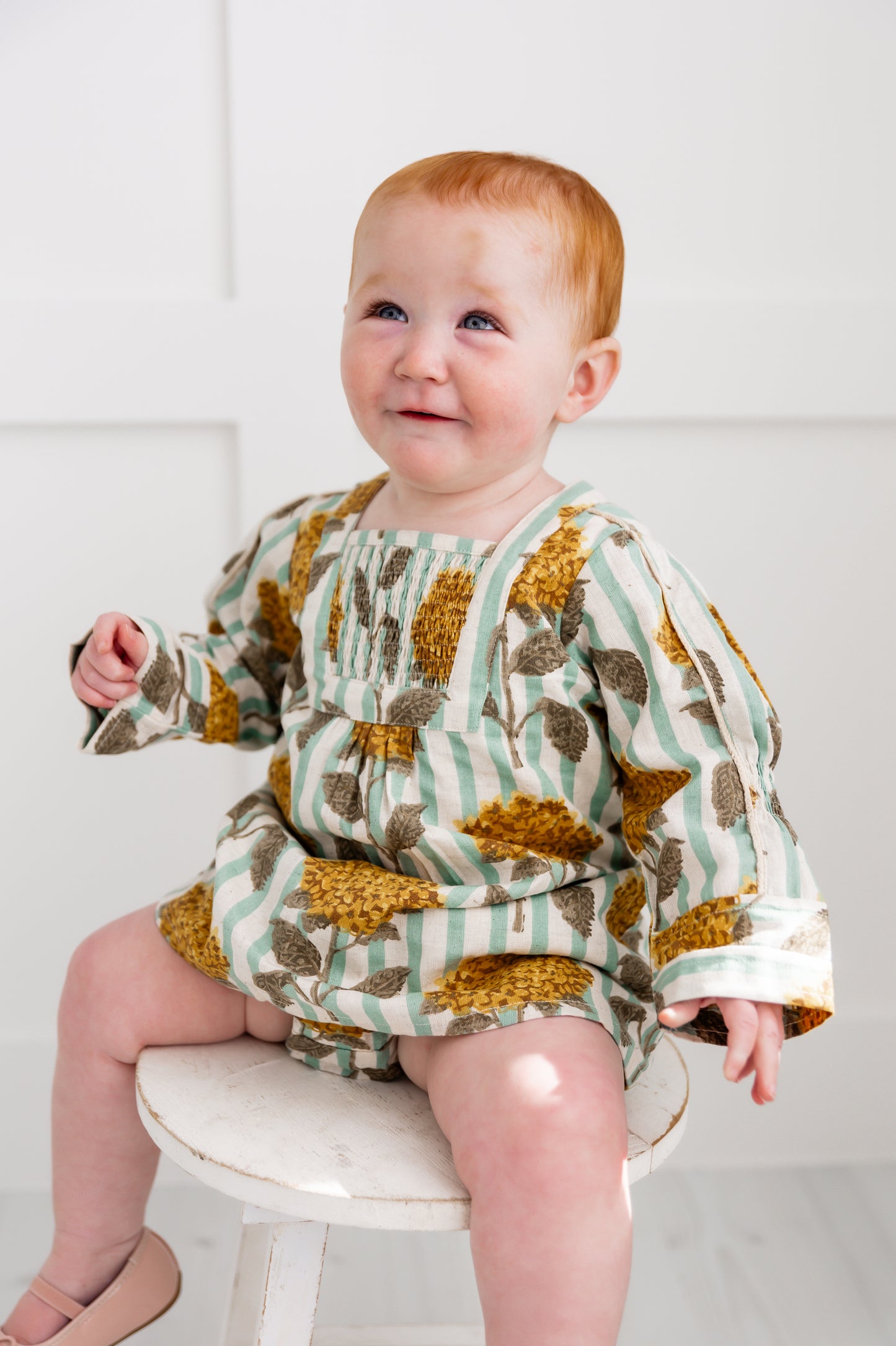 Mustard Floral Printed Long Sleeves Gathered Dress