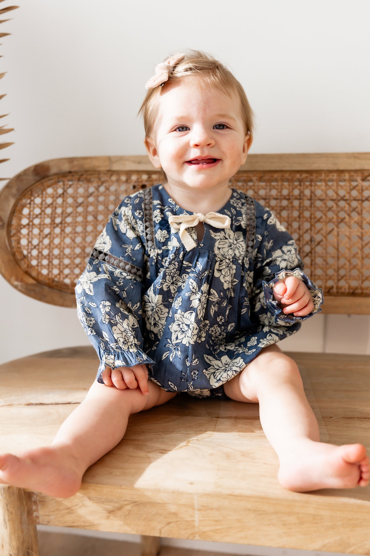 Grey Floral Printed Front Lace Long Sleeve Baby Romper