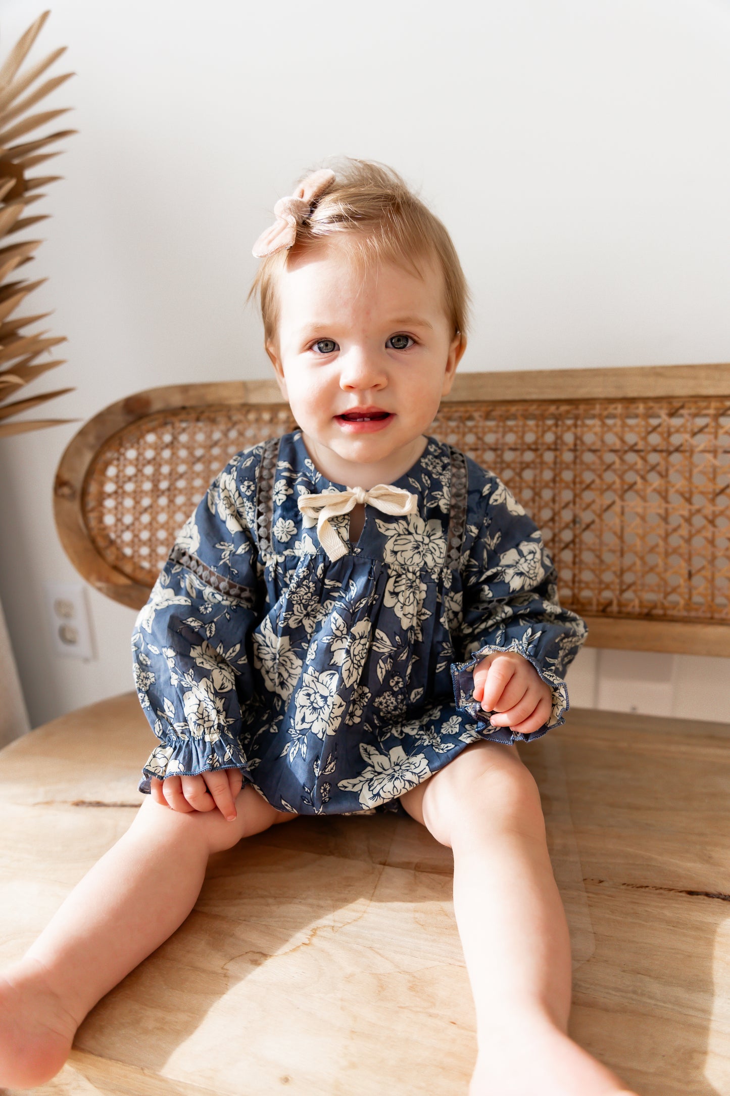 Grey Floral Printed Front Lace Long Sleeve Baby Romper