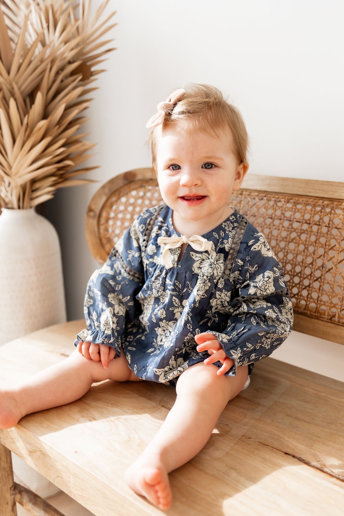 Grey Floral Printed Front Lace Long Sleeve Baby Romper