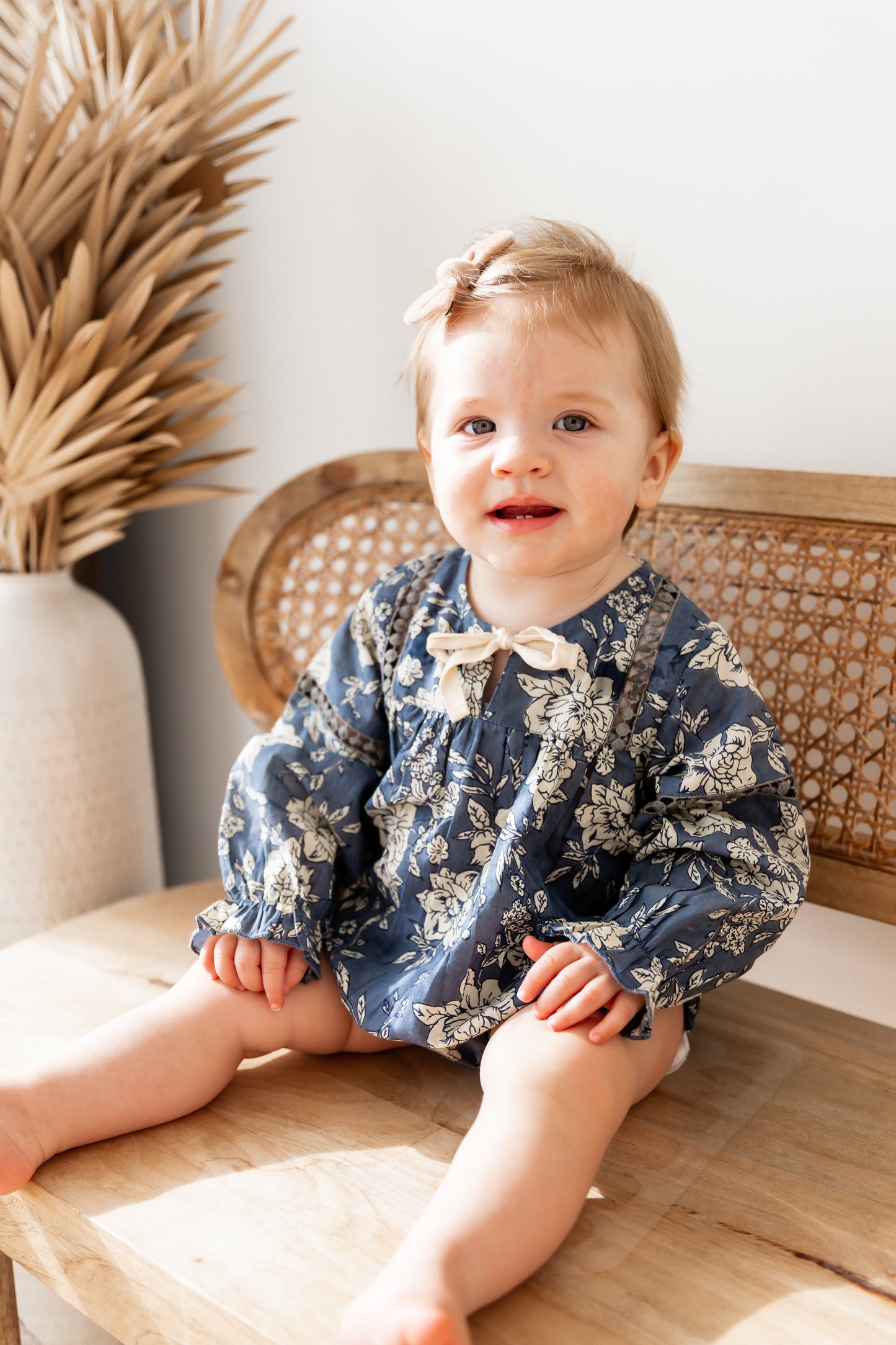 Grey Floral Printed Front Lace Long Sleeve Baby Romper