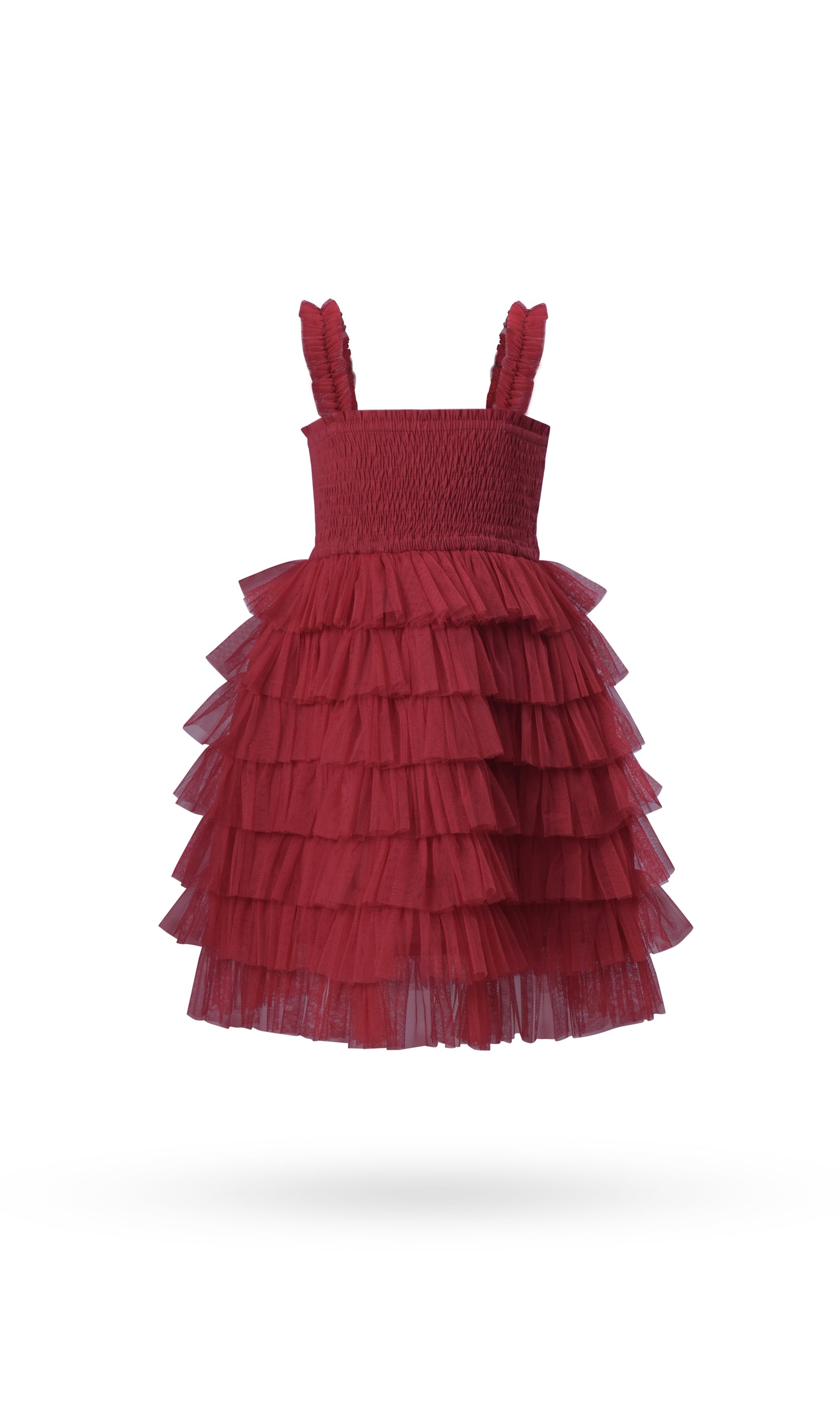 Red Tulle Solid Color Tiered Ruffle Dress