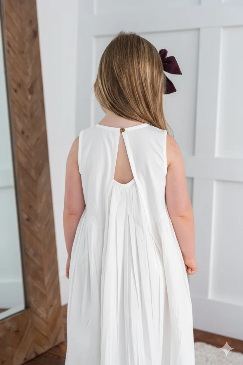 White Heart Dobby Pintuck Gathered Dress — Cotton Girls Dress