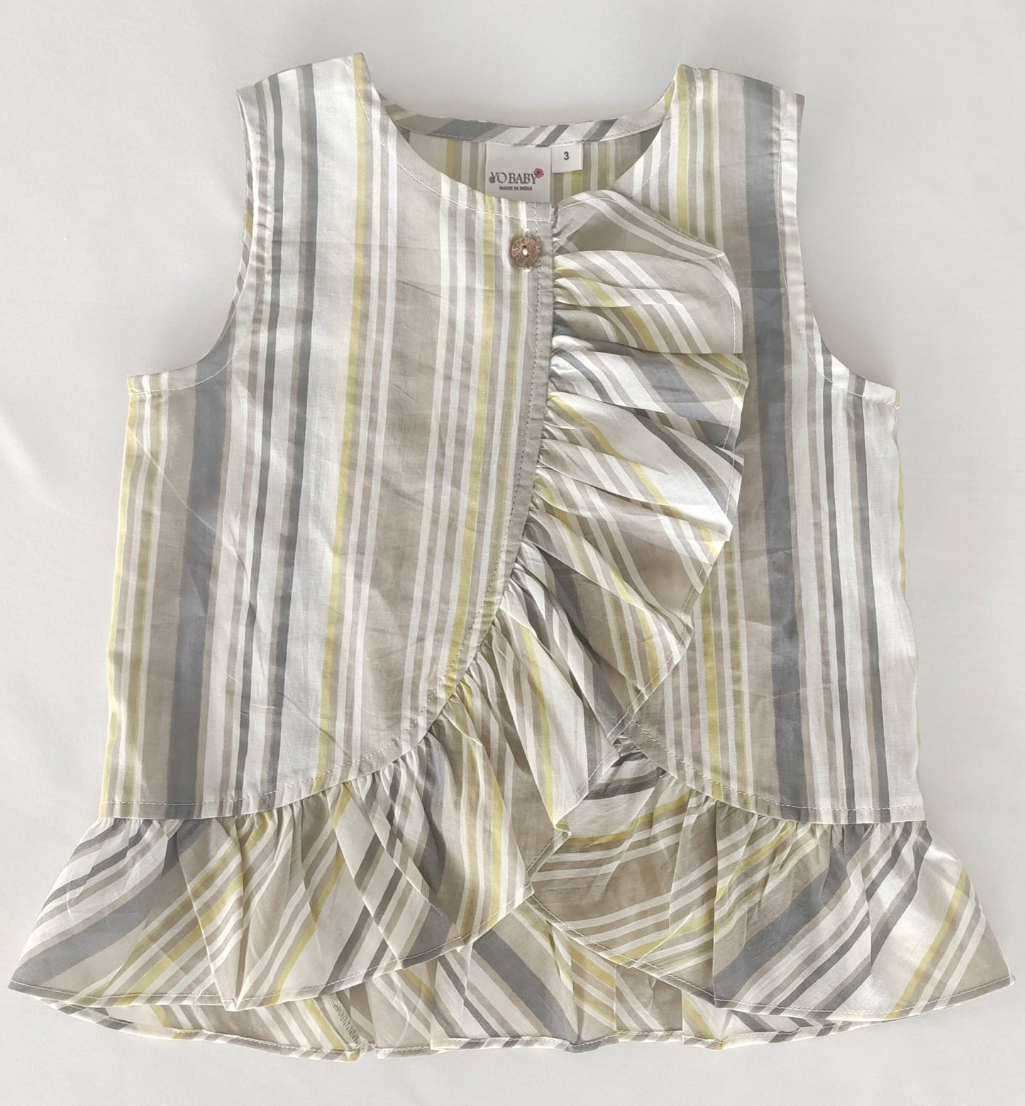 Kids 2-Piece Set: Brown Striped Ruffle Top & Floral Pants with Elastic Hem