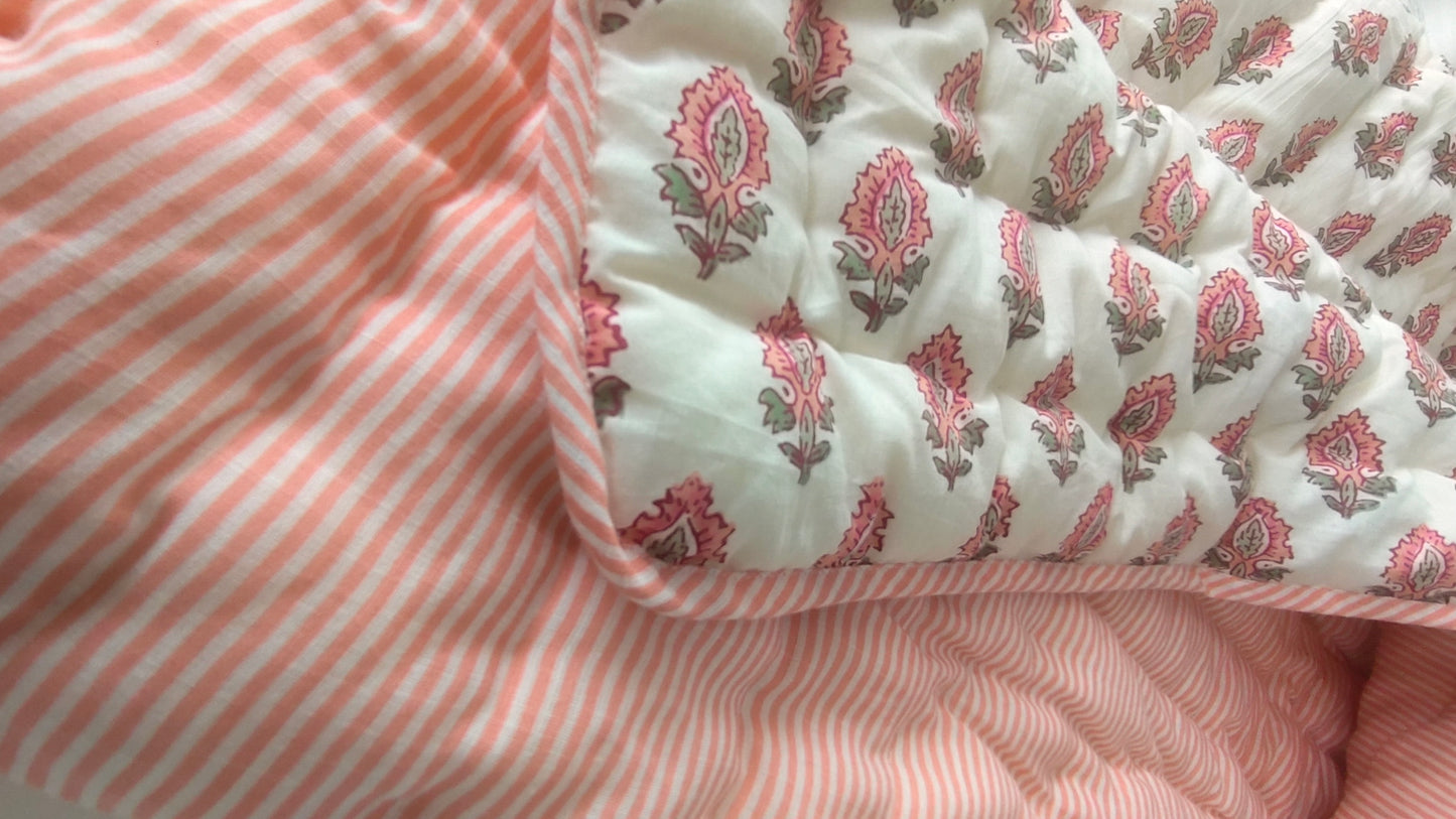Reversible Quilted Blanket - Coral booti Printed & Coral Stripes