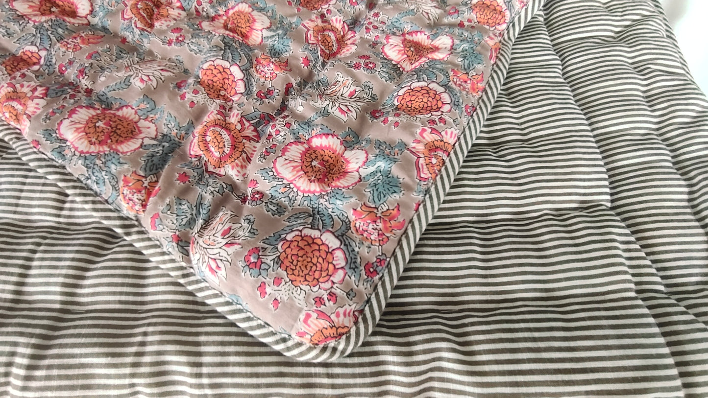Reversible Quilted Blanket - Red floral Printed & Stripes