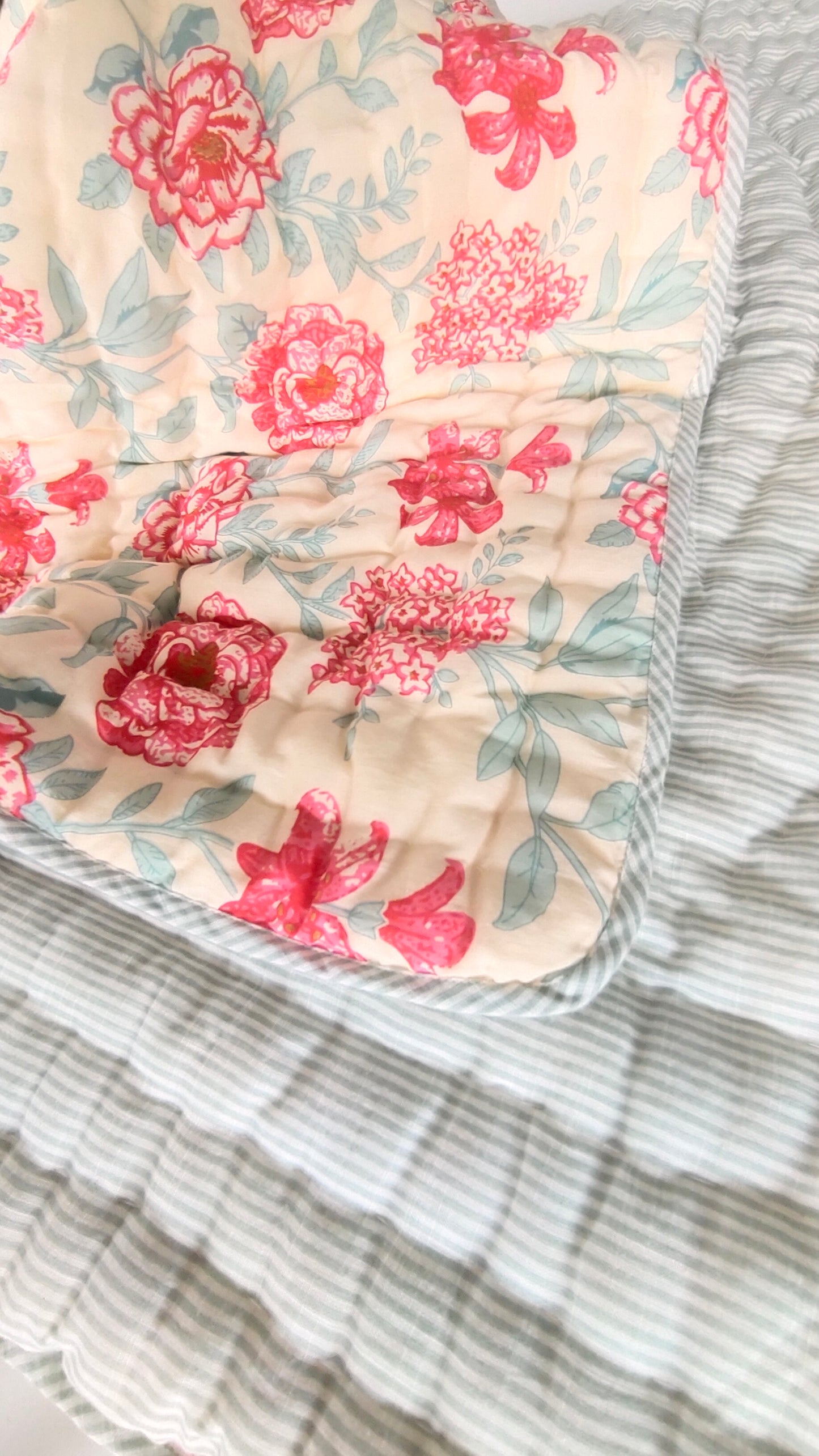 Reversible Quilted Blanket - Sage & Red Print & Sage Stripes