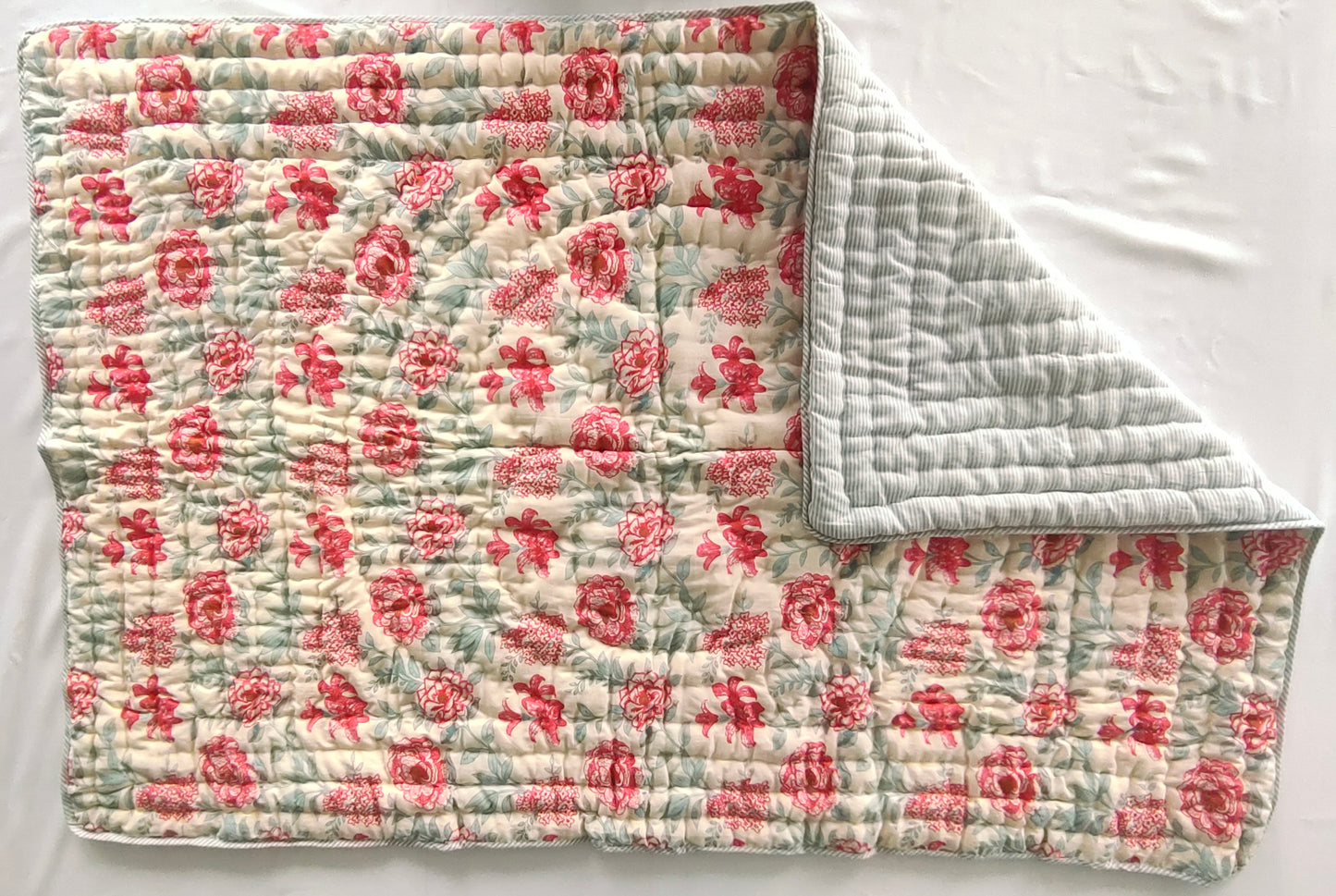 Reversible Quilted Blanket - Sage & Red Print & Sage Stripes