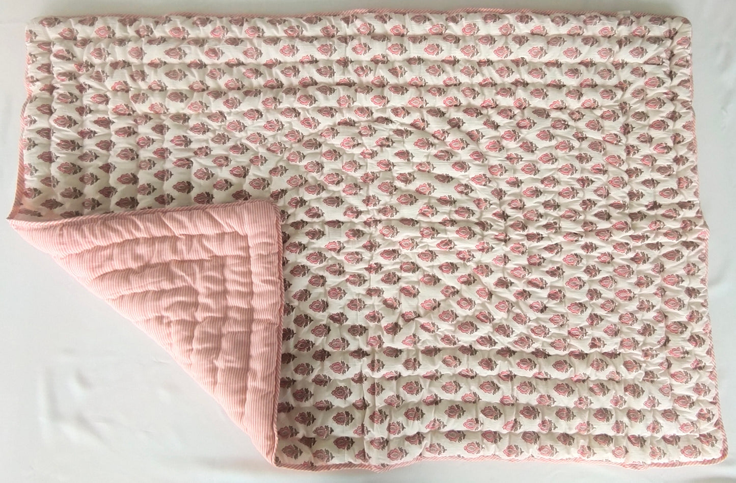 Reversible Quilted Blanket - Coral booti Printed & Coral Stripes