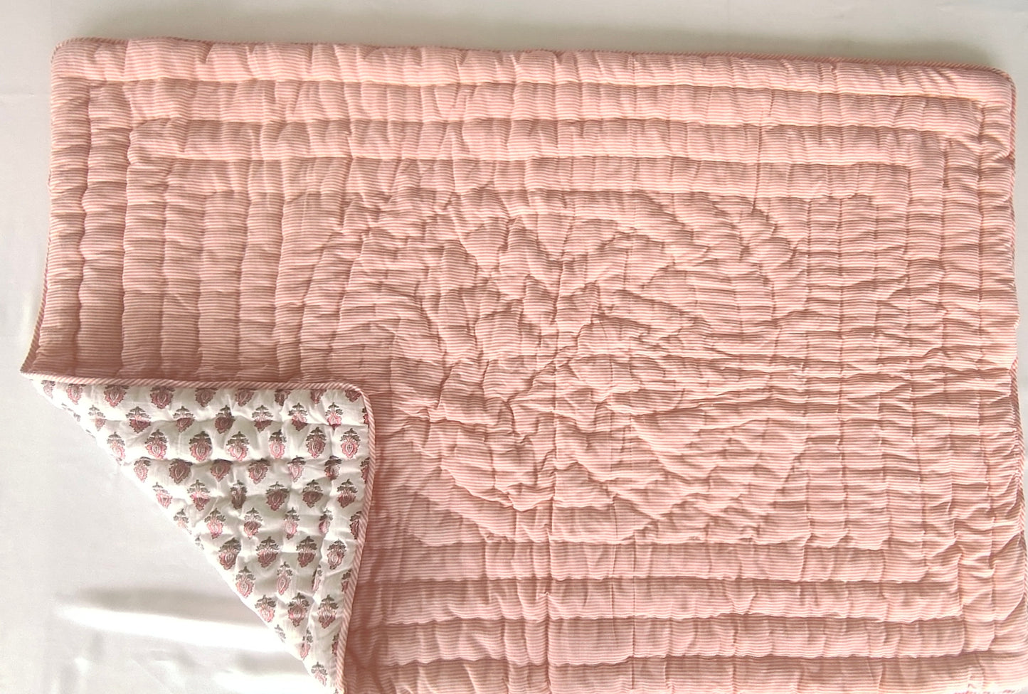Reversible Quilted Blanket - Coral booti Printed & Coral Stripes