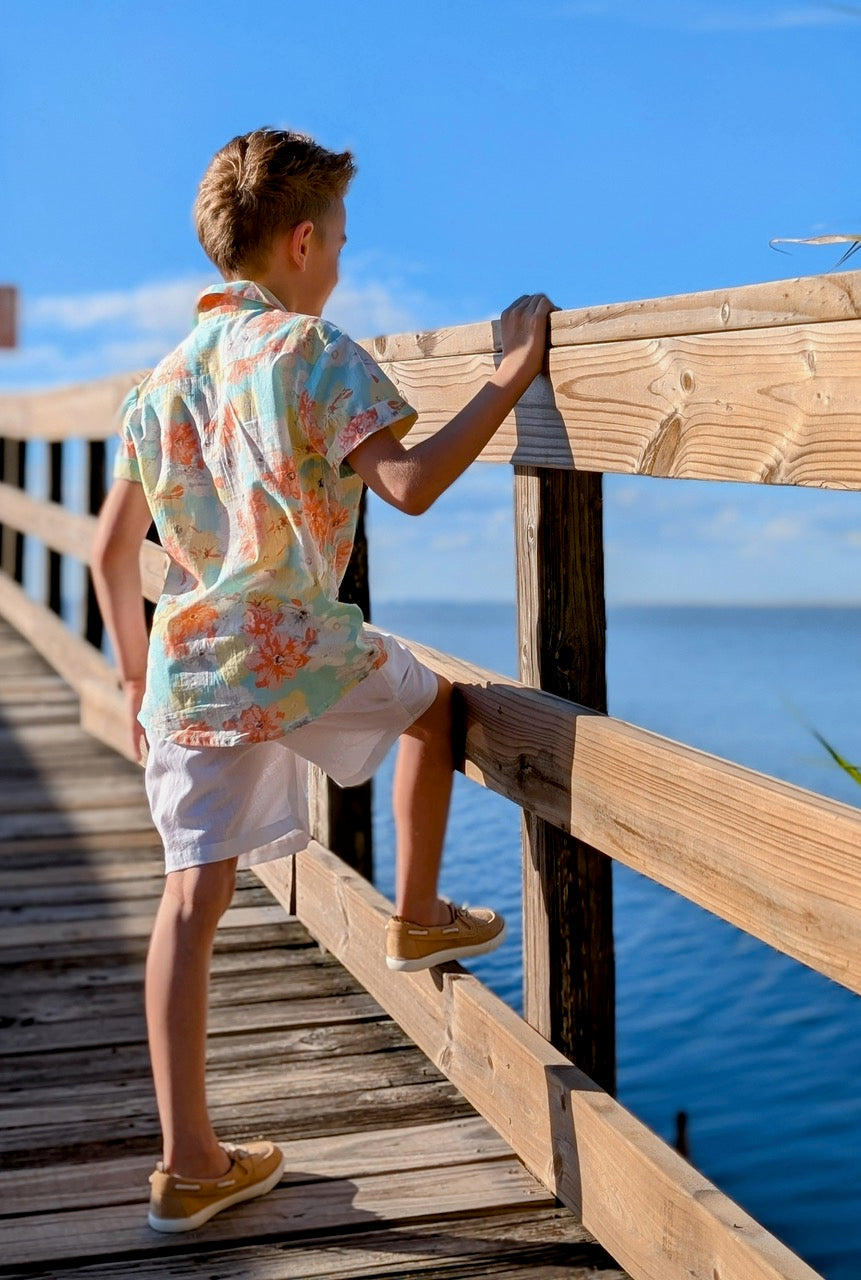 Boys Turquoise Printed Cotton Shirt with Matching White Shorts