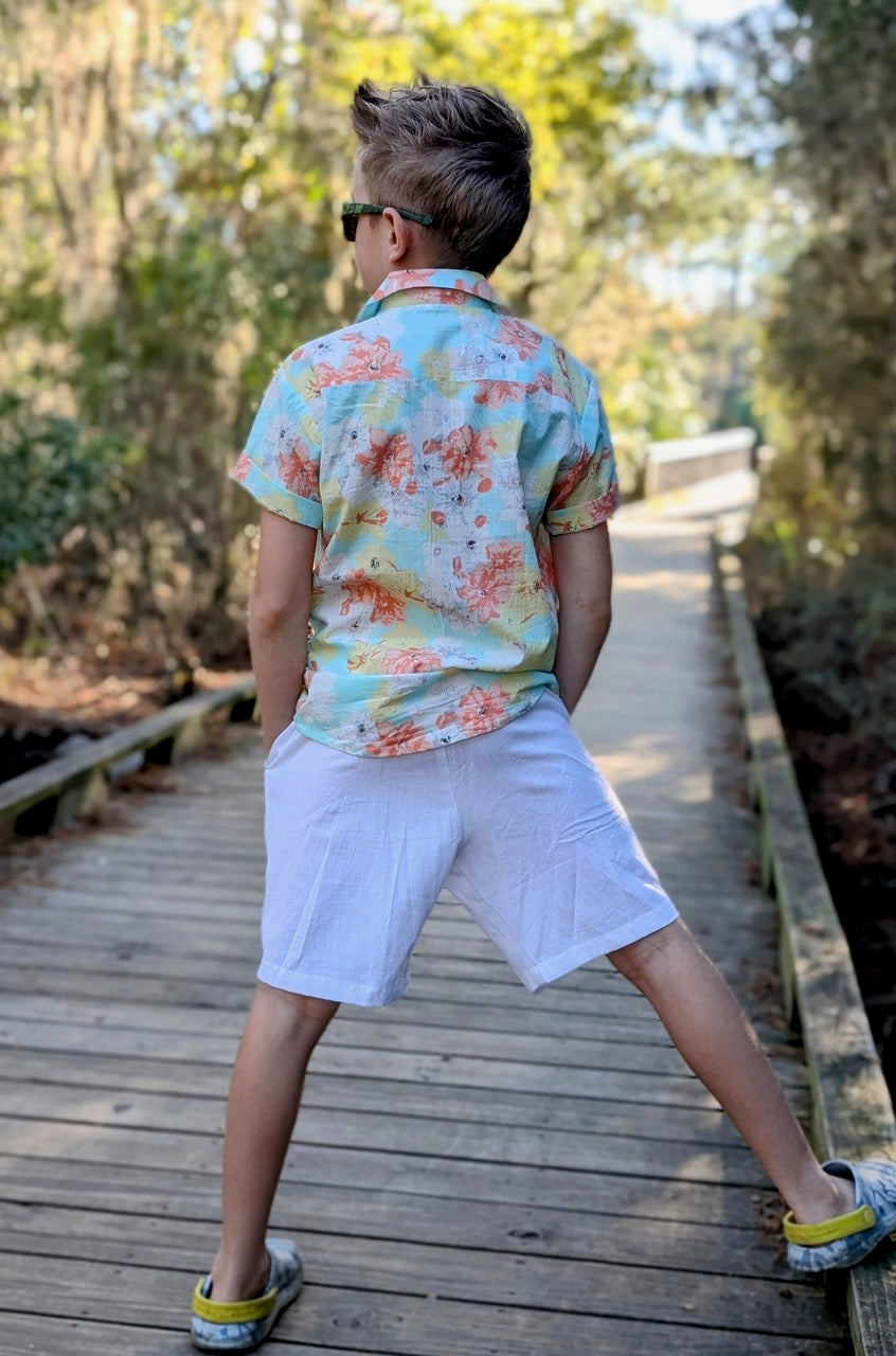 Boys Turquoise Printed Cotton Shirt with Matching White Shorts