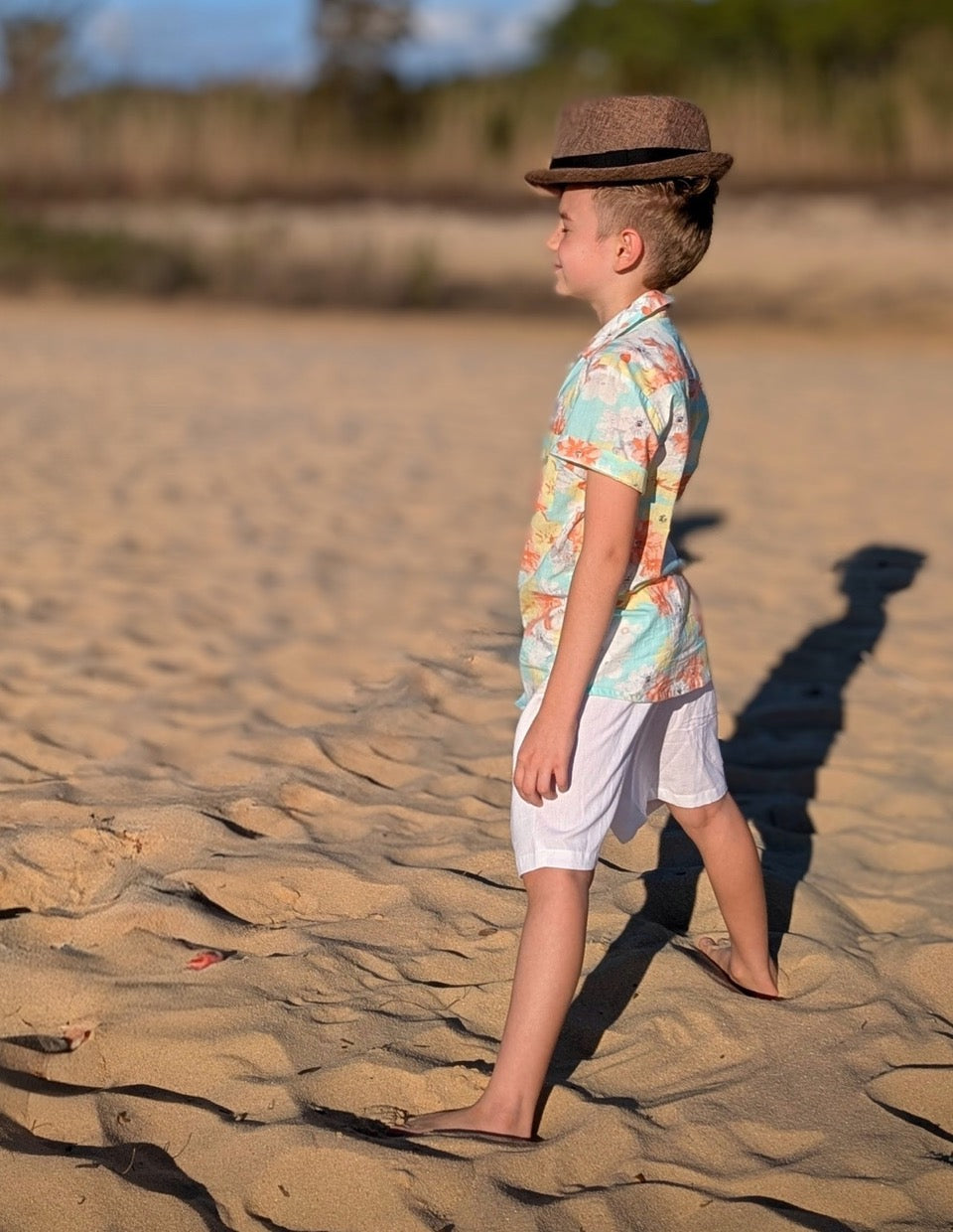Boys Turquoise Printed Cotton Shirt with Matching White Shorts