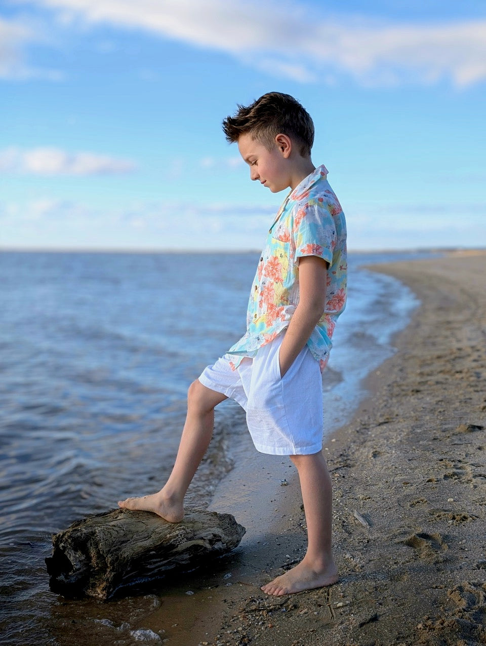 Boys Turquoise Printed Cotton Shirt with Matching White Shorts
