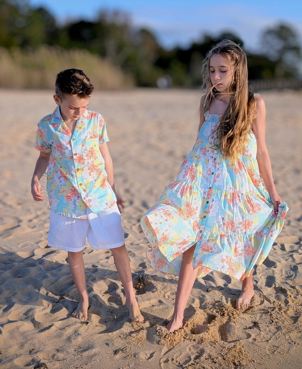 Boys Turquoise Printed Cotton Shirt with Matching White Shorts