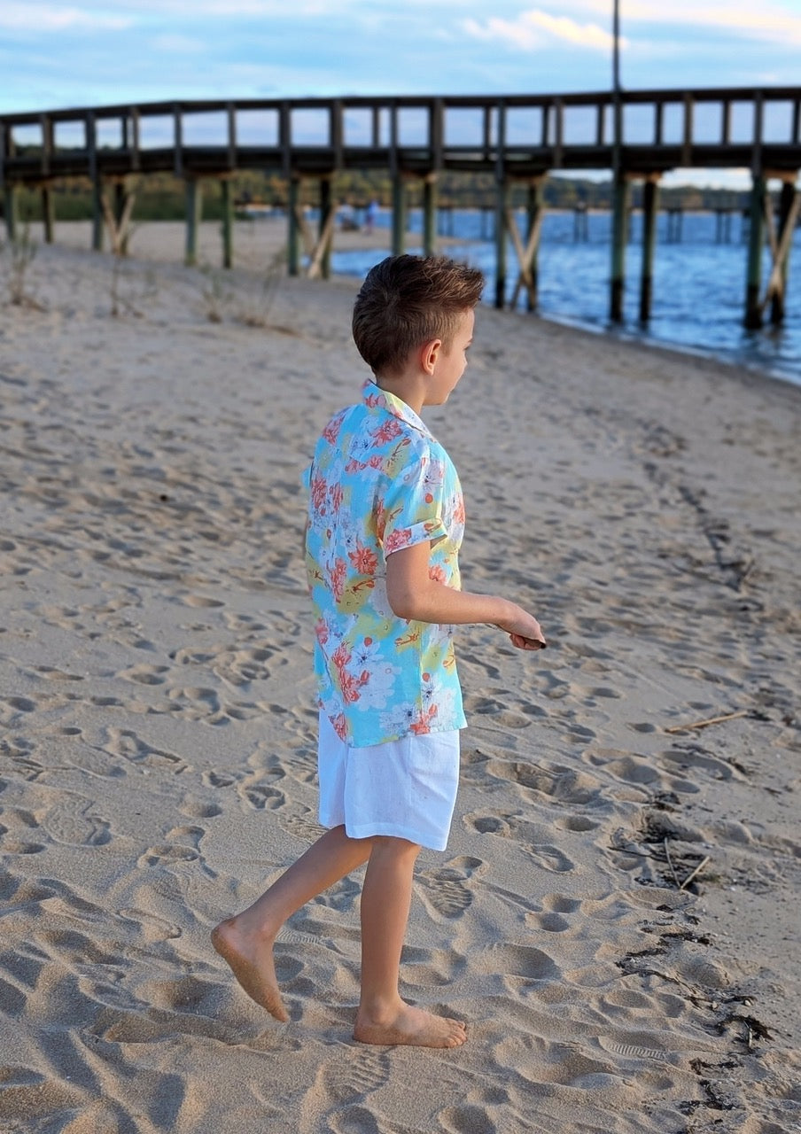 Boys Turquoise Printed Cotton Shirt with Matching White Shorts