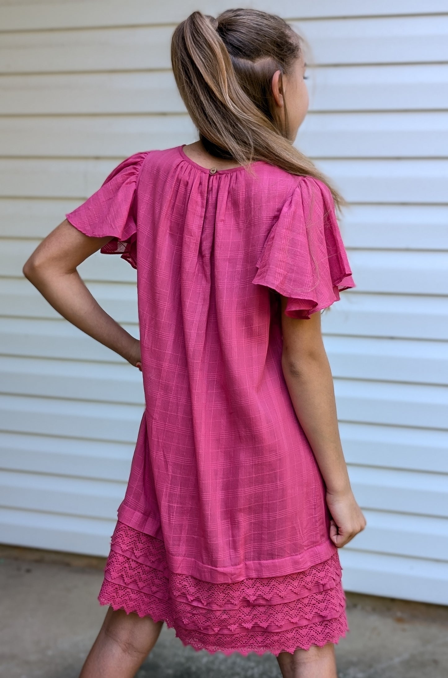 Pink Textured Checks Dress with Flounce Sleeves & Lace Details