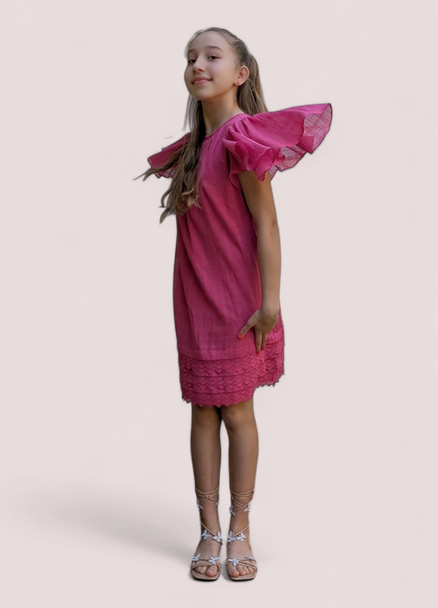 Pink Textured Checks Dress with Flounce Sleeves & Lace Details