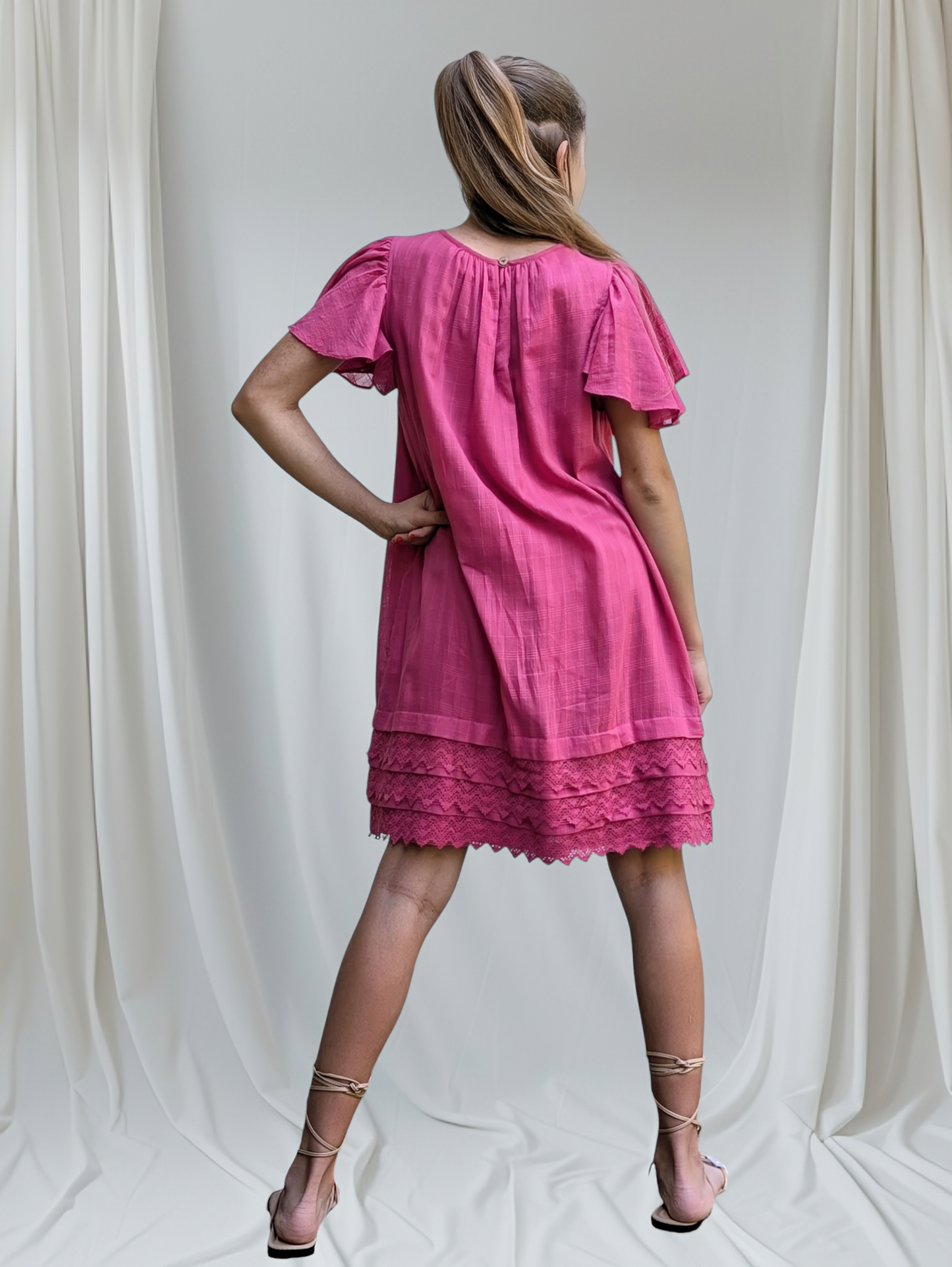 Pink Textured Checks Dress with Flounce Sleeves & Lace Details