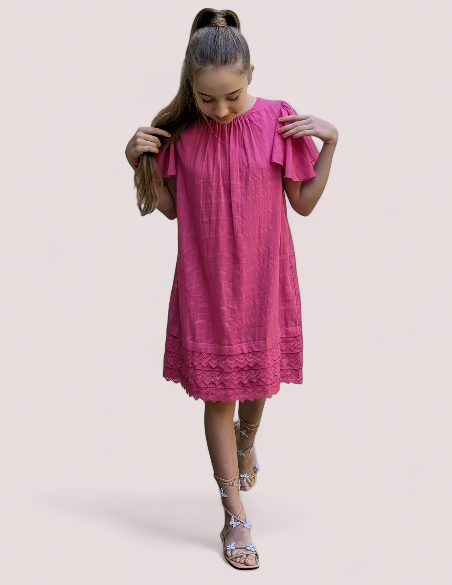 Pink Textured Checks Dress with Flounce Sleeves & Lace Details