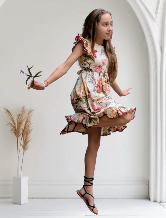 Beige Floral Dress with Lace Details for Kids and Infants