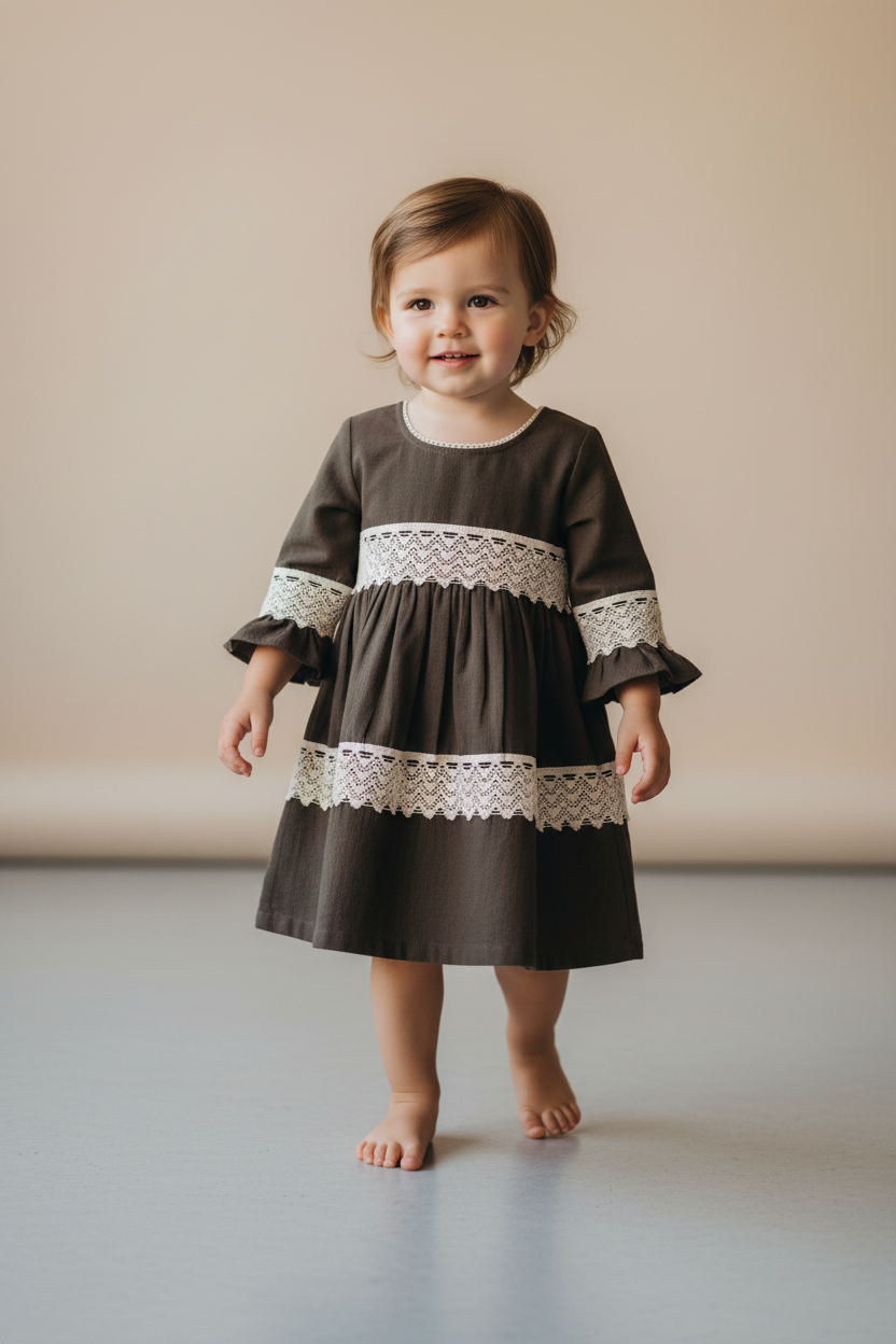 olive green toddler dress Full Sleeves — Cotton Girls Dress the Georgina Dress stands Alyssa | Off Shoulder Color::#49-Dark Tan Rosevelvet