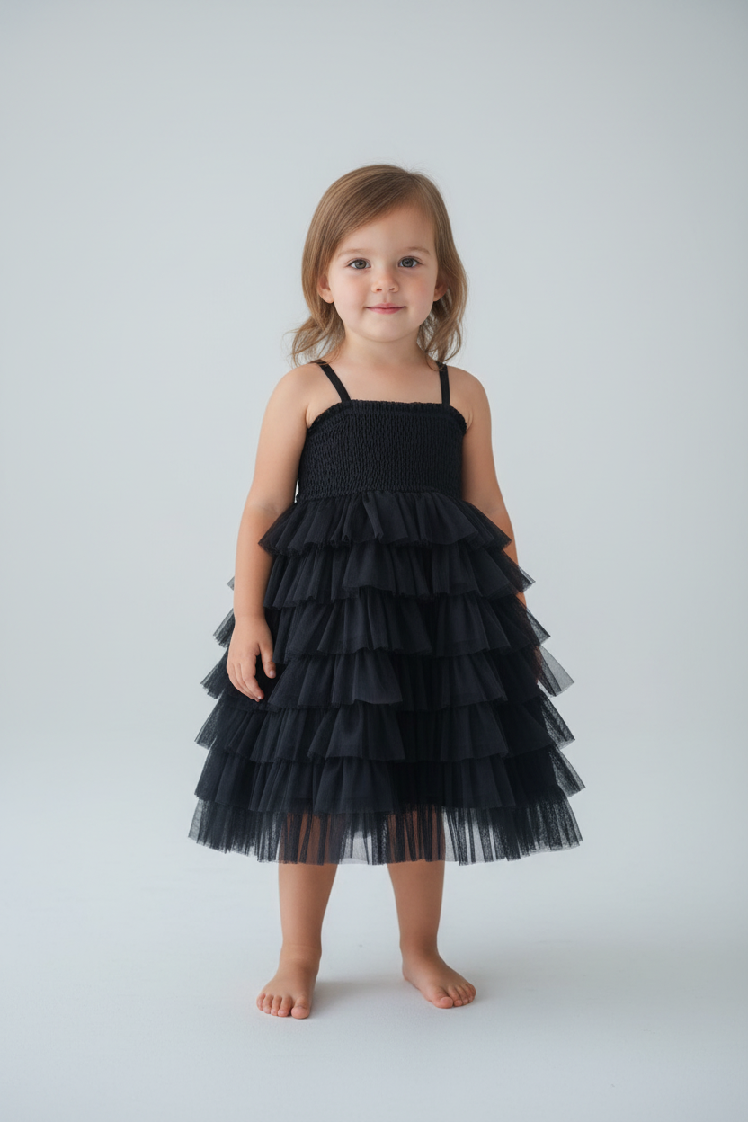 Black Tulle Tiered Ruffle Dress — Cotton Girls Dress Black Tulle Tiered Ruffle Dress — Cotton Girls Dress