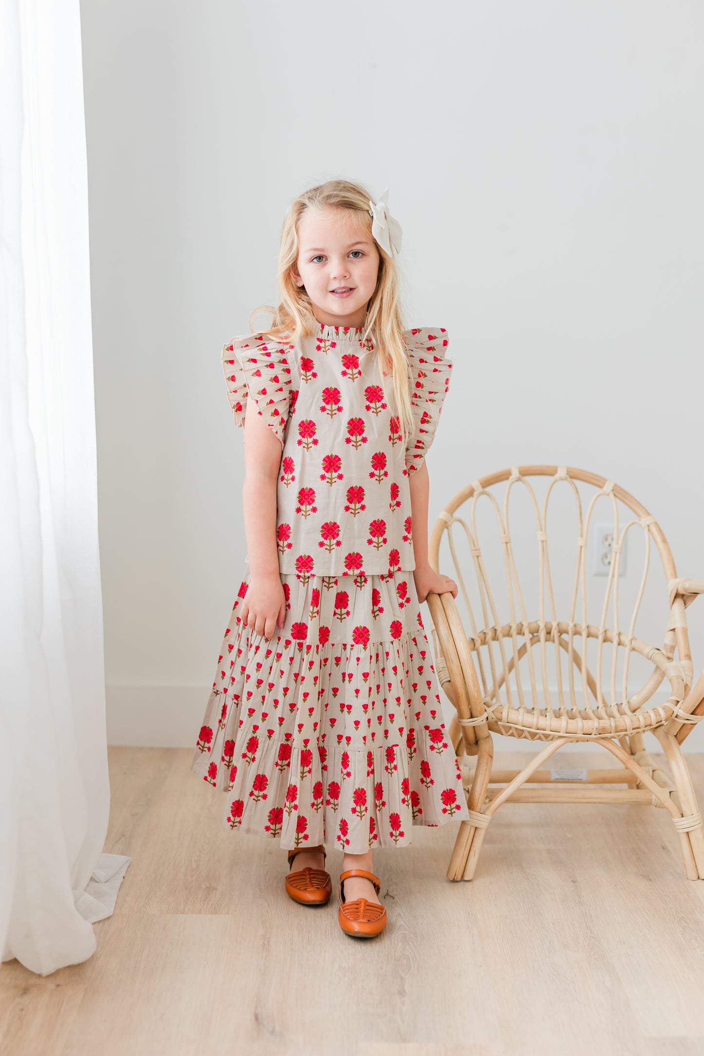 Pink Floral Neck Ruffle Top & Tiered Skirt Set