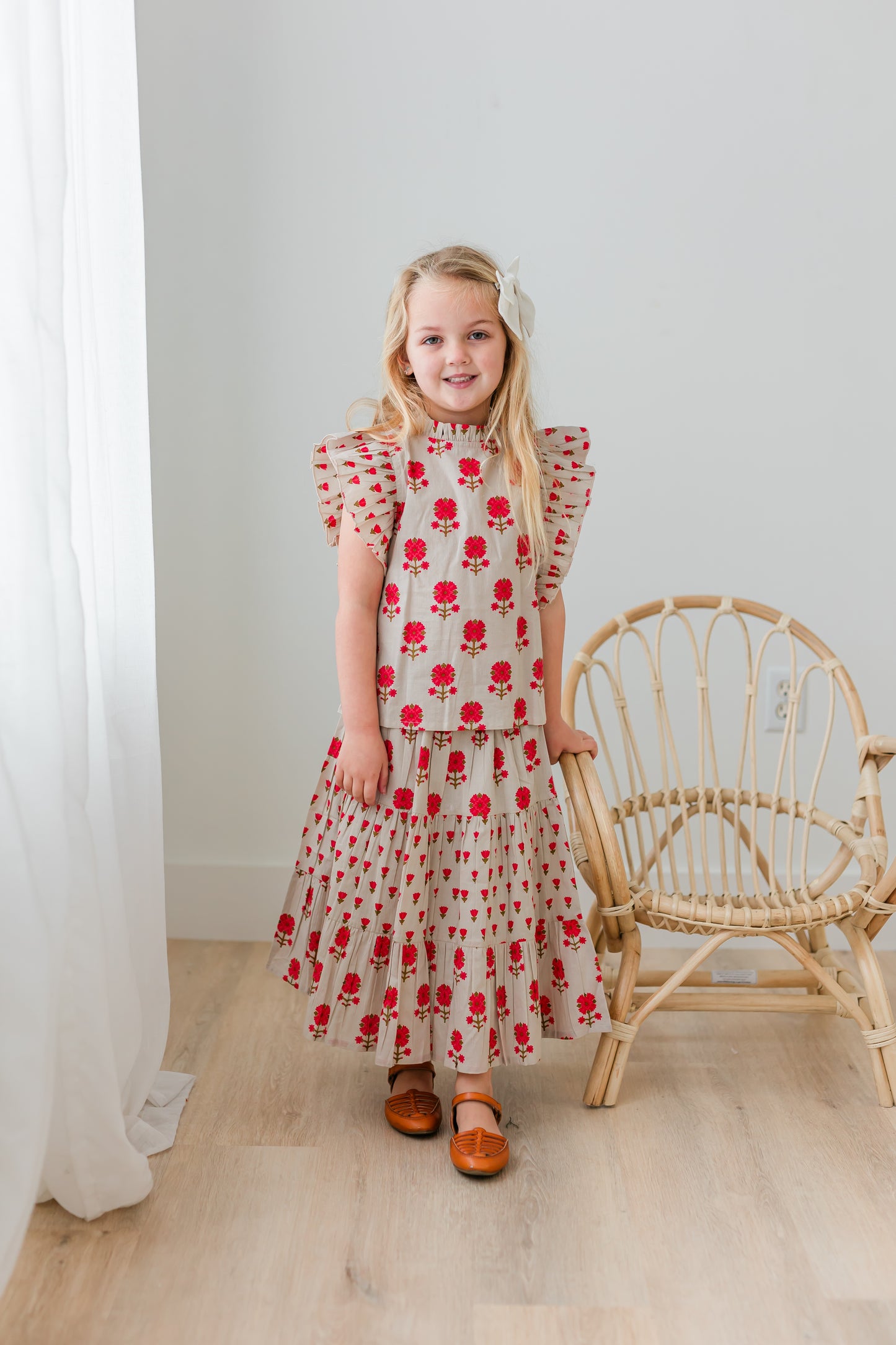 Pink Floral Neck Ruffle Top & Tiered Skirt Set