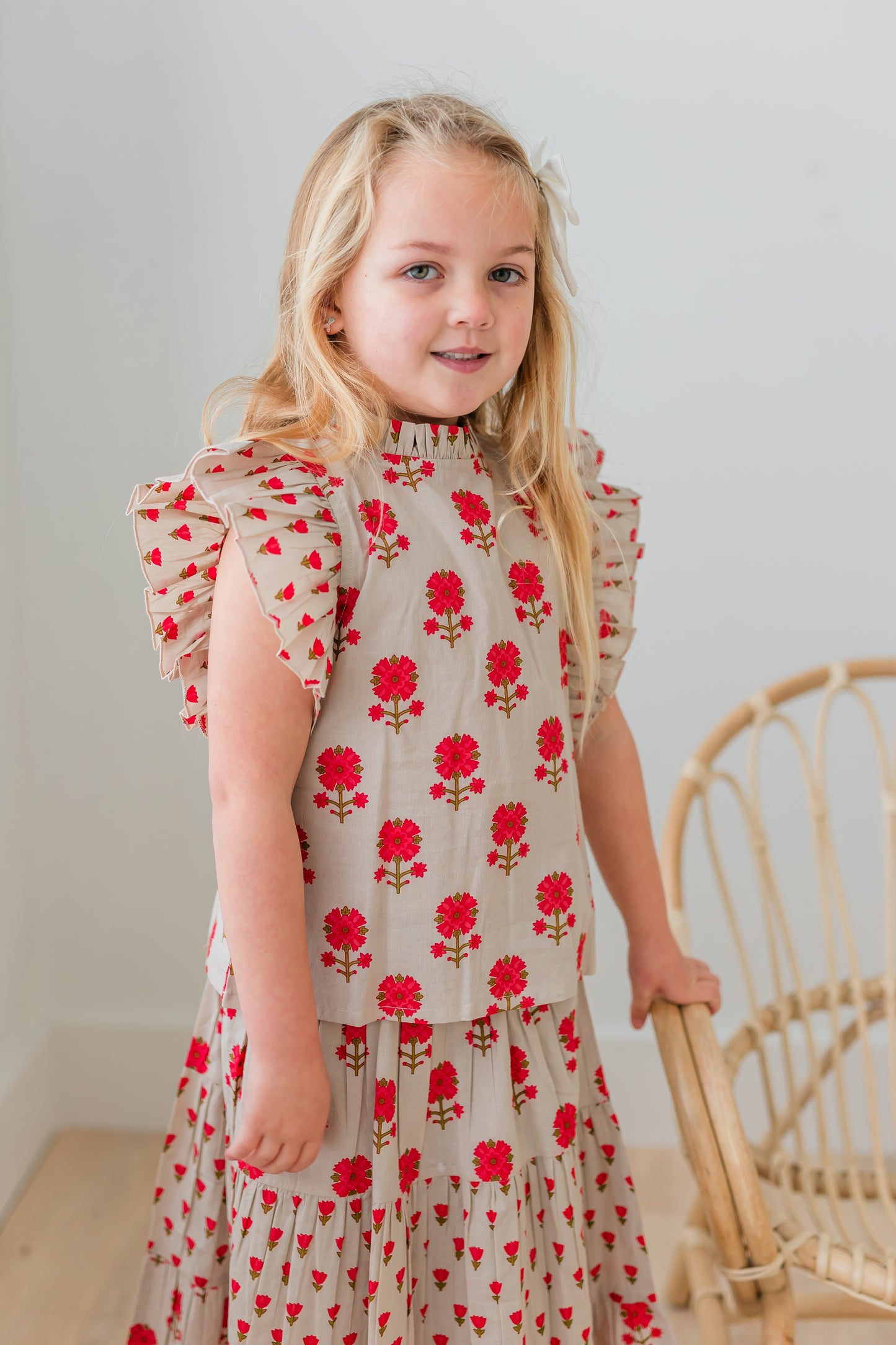 Pink Floral Neck Ruffle Top & Tiered Skirt Set