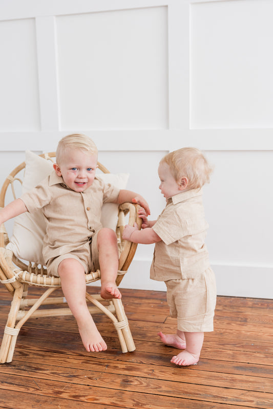 Beige Chambray Boys Shirt & Shorts set