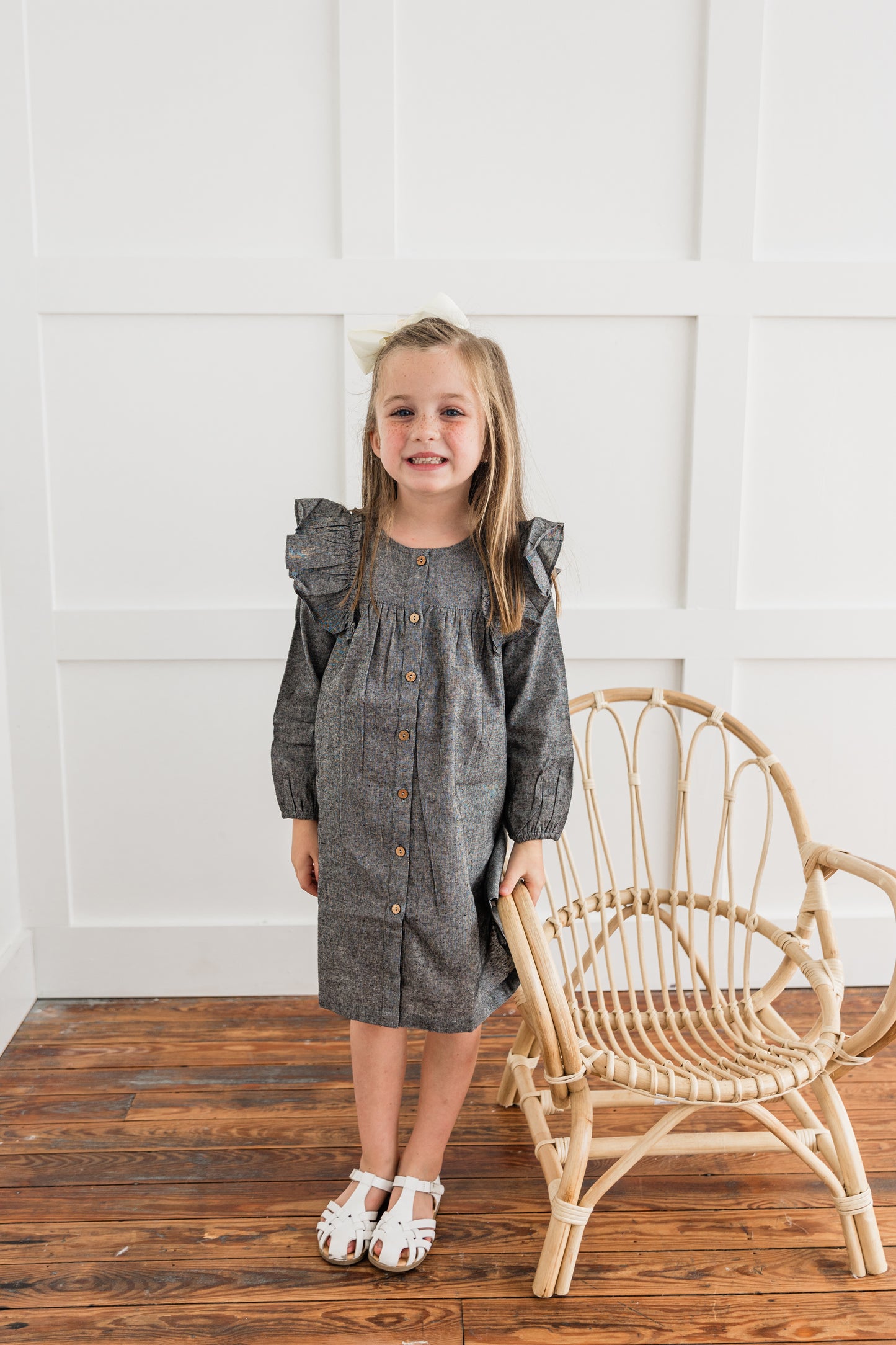 Black Chambray Long-Sleeve Ruffle Dress