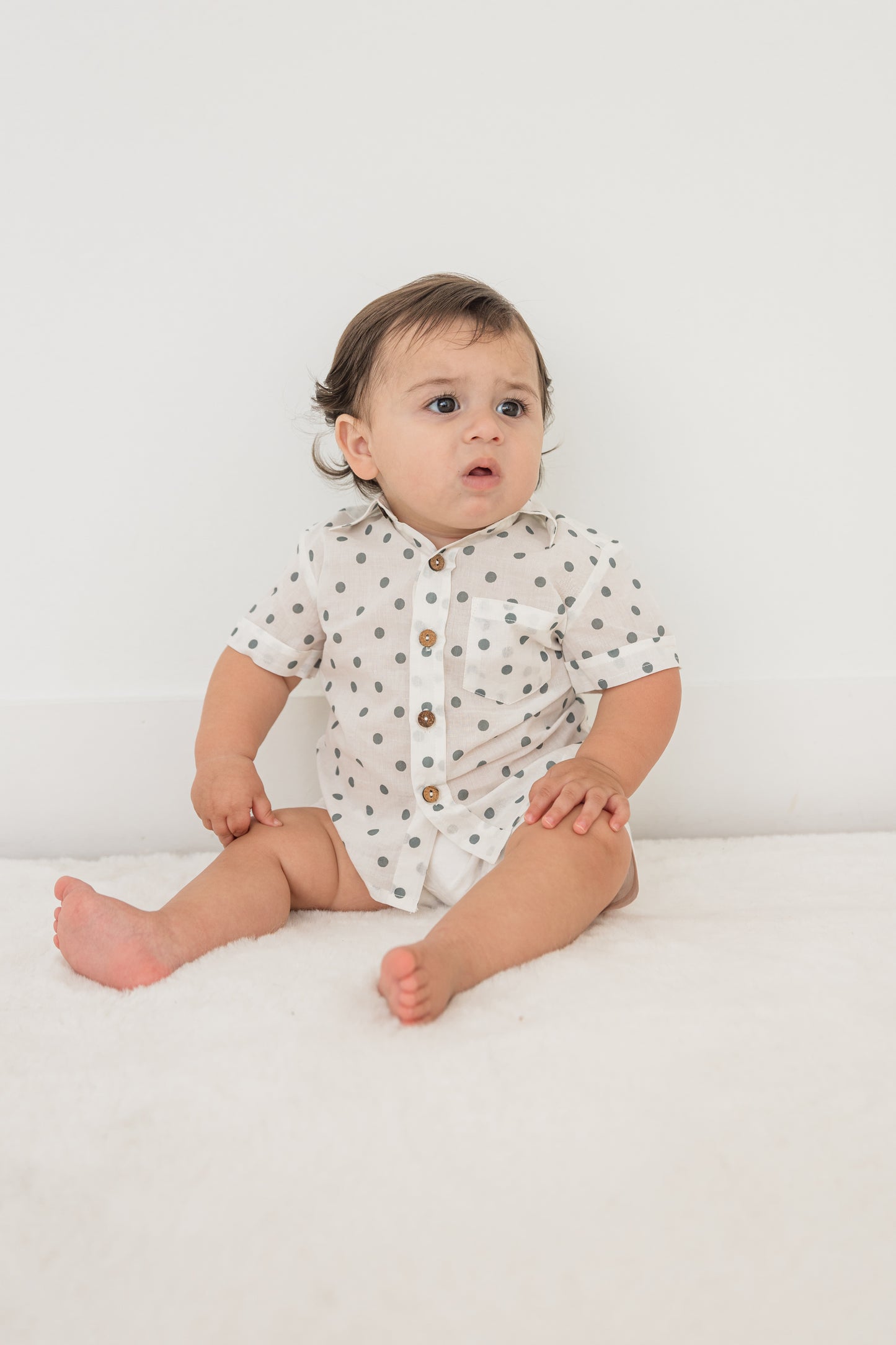 Blue Polka Dot Print Boys Shirt & White Shorts set