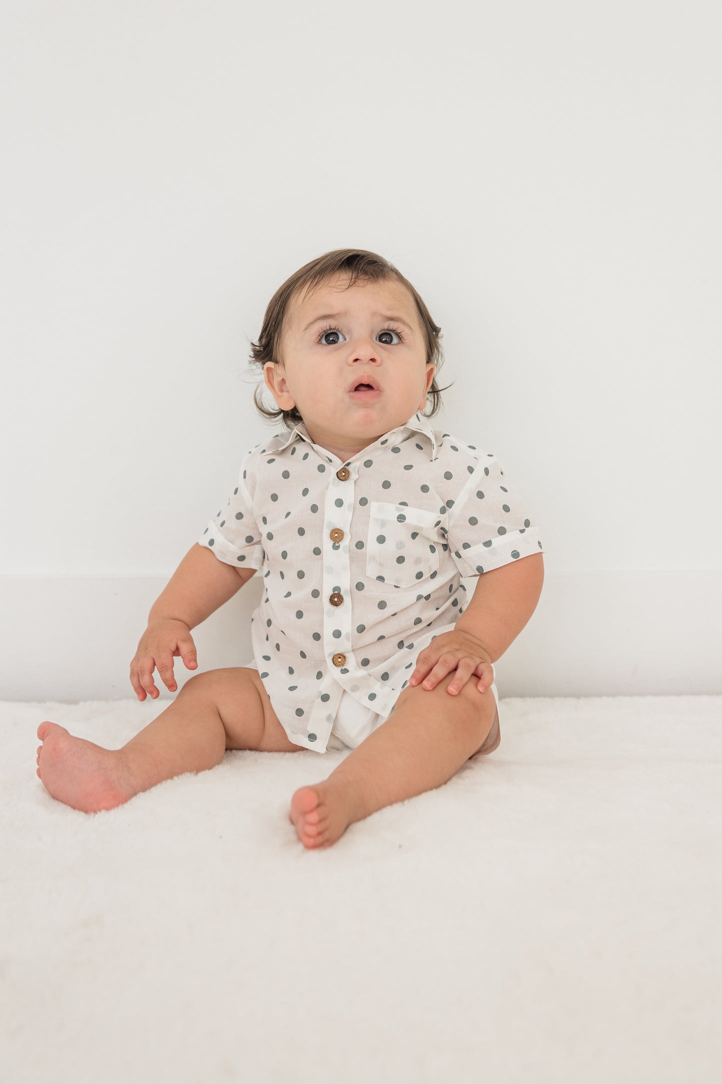 Blue Polka Dot Print Boys Shirt & White Shorts set