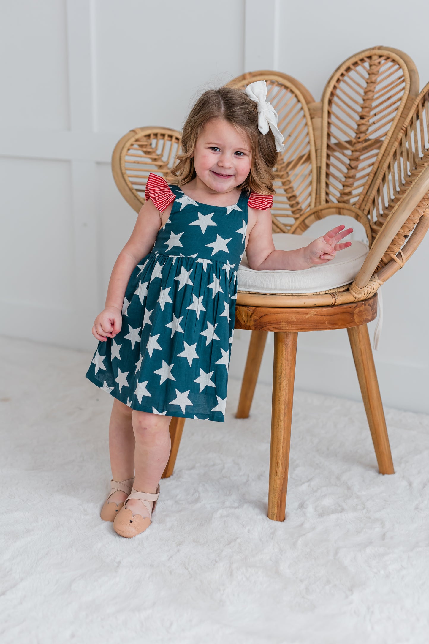 Navy Star Print Sleeve Ruffled Gathered Dress