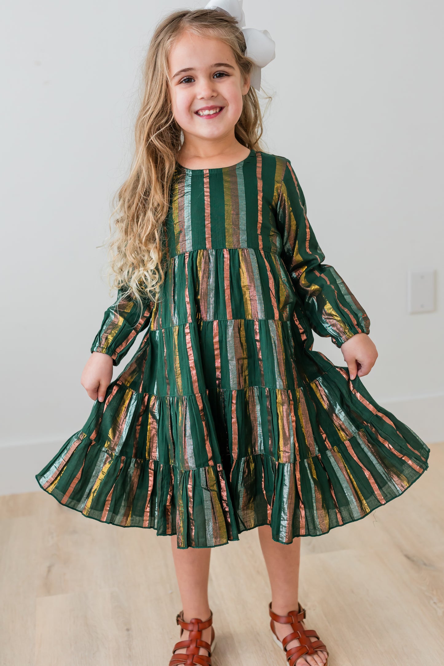 Bottle Green Multi Lurex Tiered Long Sleeve Dress