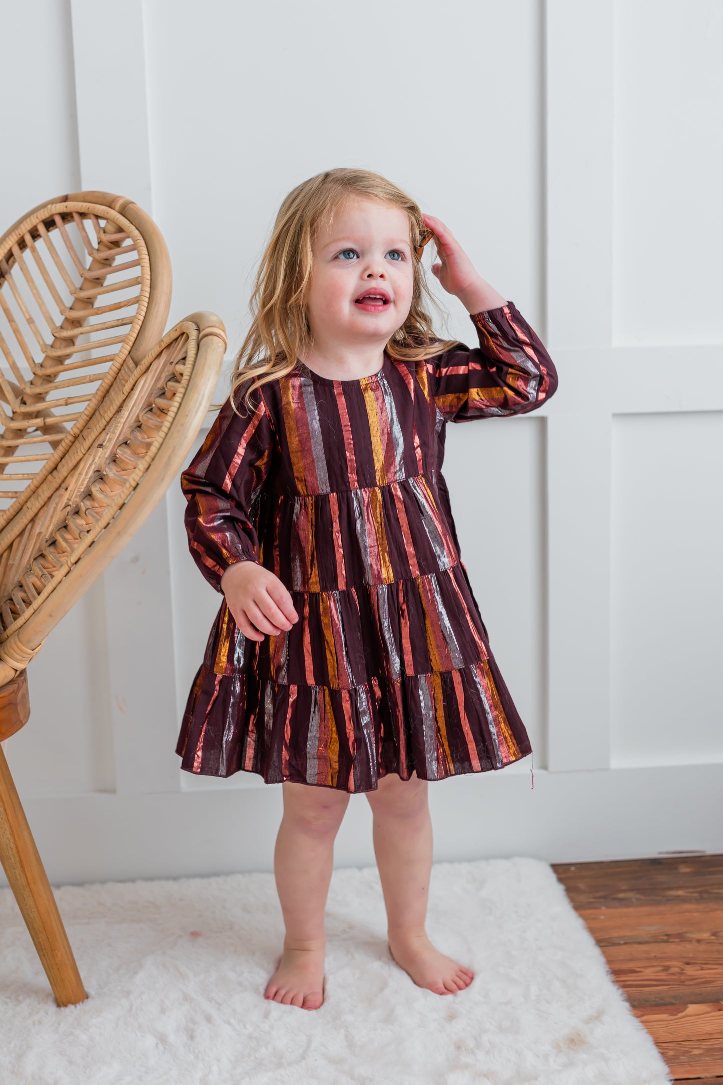 Burgundy Multi Lurex Tiered Long Sleeve Dress