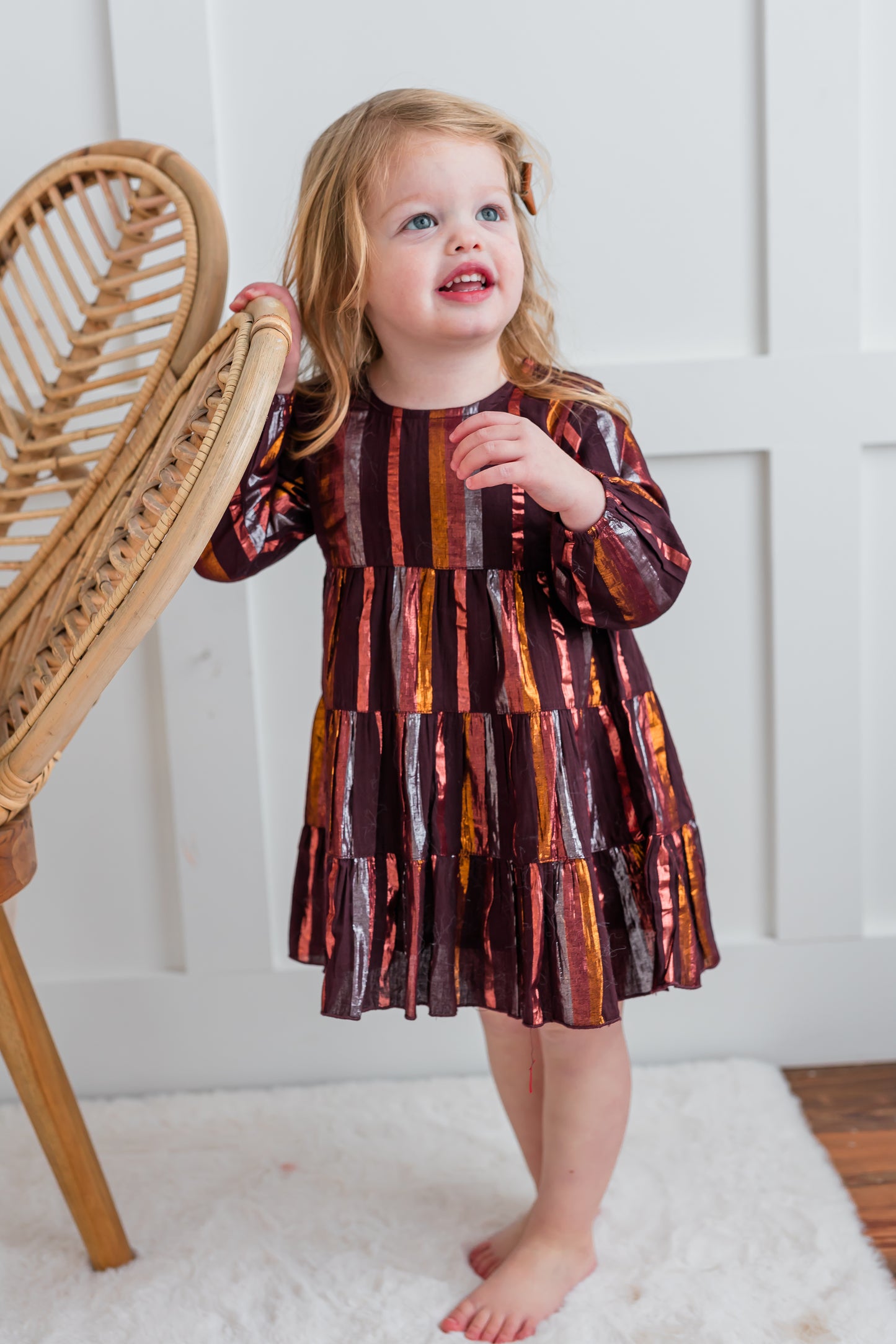 Burgundy Multi Lurex Tiered Long Sleeve Dress