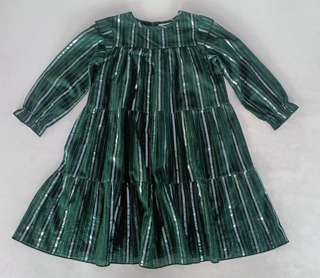 Bottle Green Silver Lurex Tiered Long Sleeve Dress