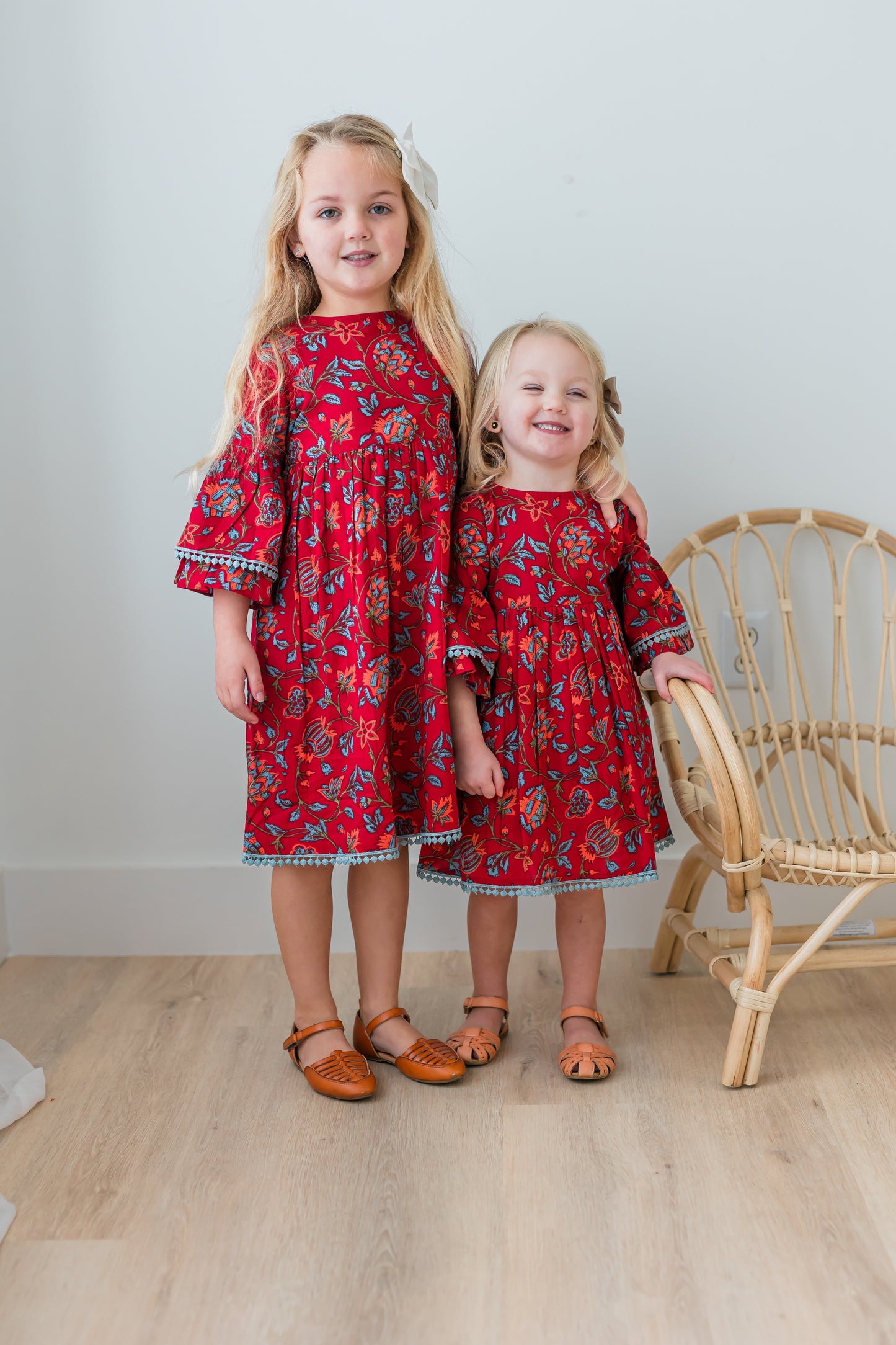 Floral Print Bell-Sleeves Gathered Dress