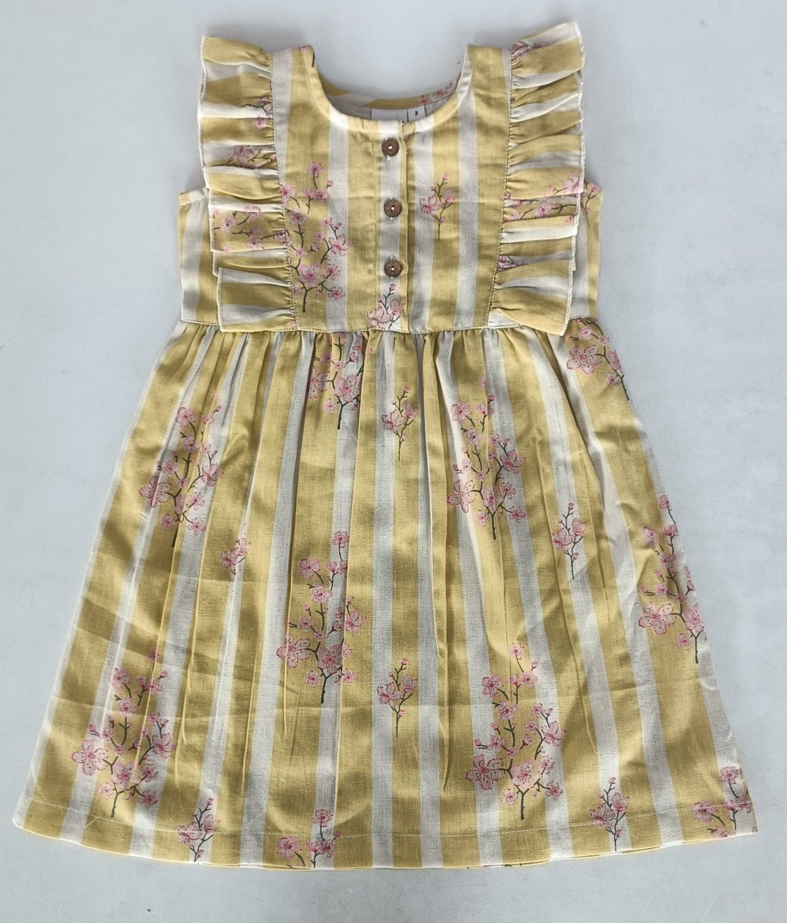 Pink & Yellow Floral Print Yoke Ruffled Gathered Dress